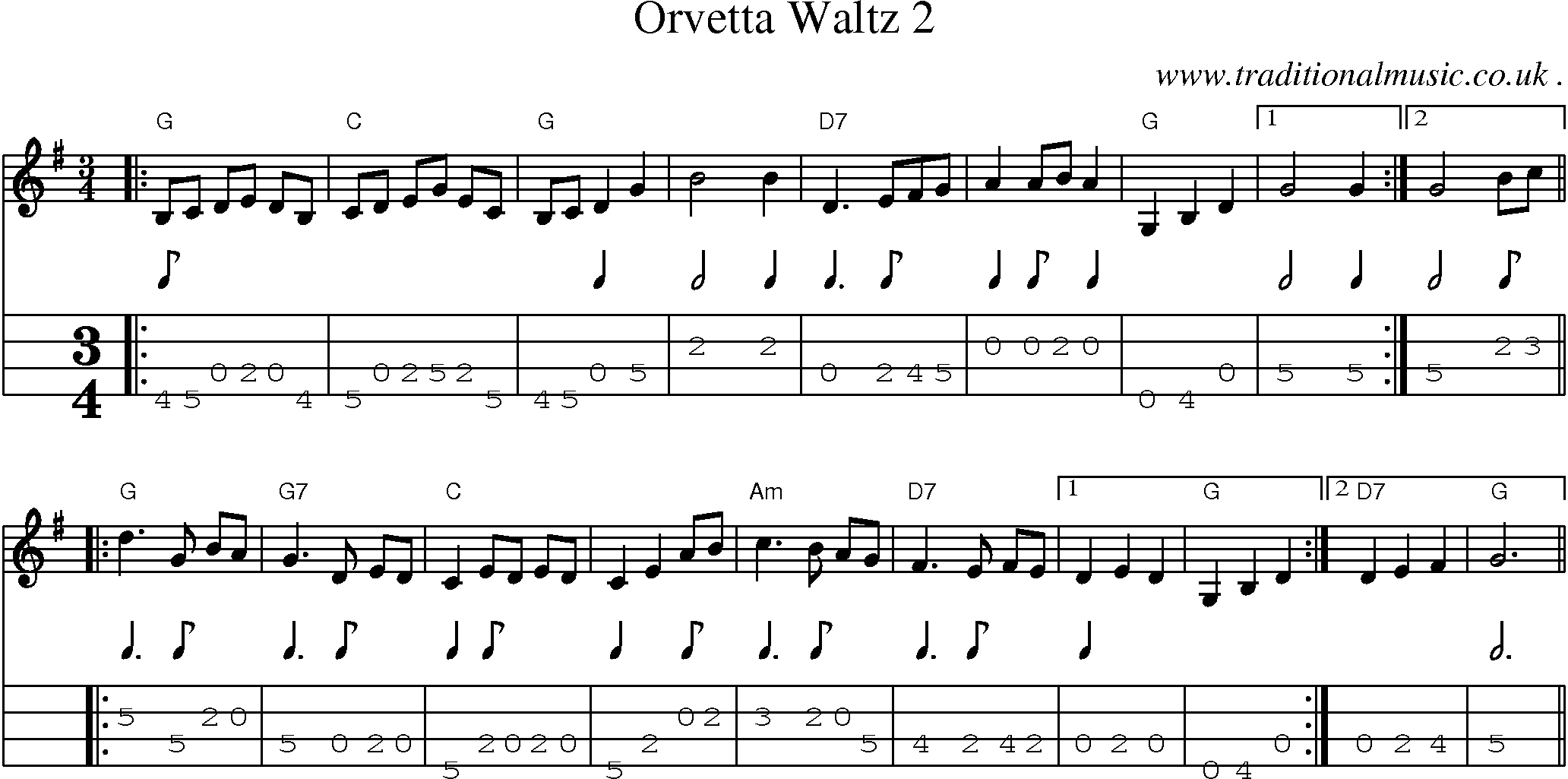 Music Score and Mandolin Tabs for Orvetta Waltz 2