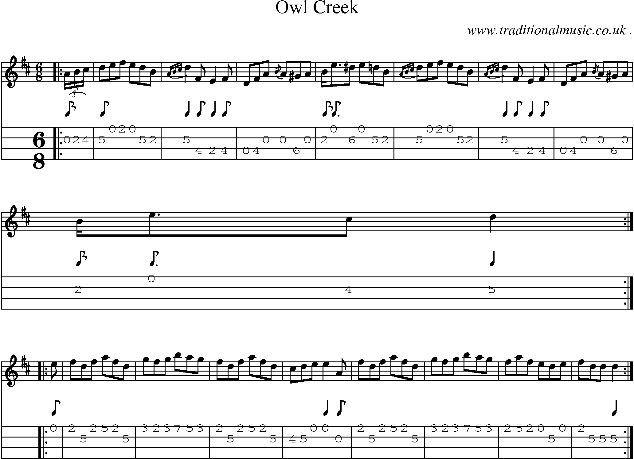 Music Score and Mandolin Tabs for Owl Creek