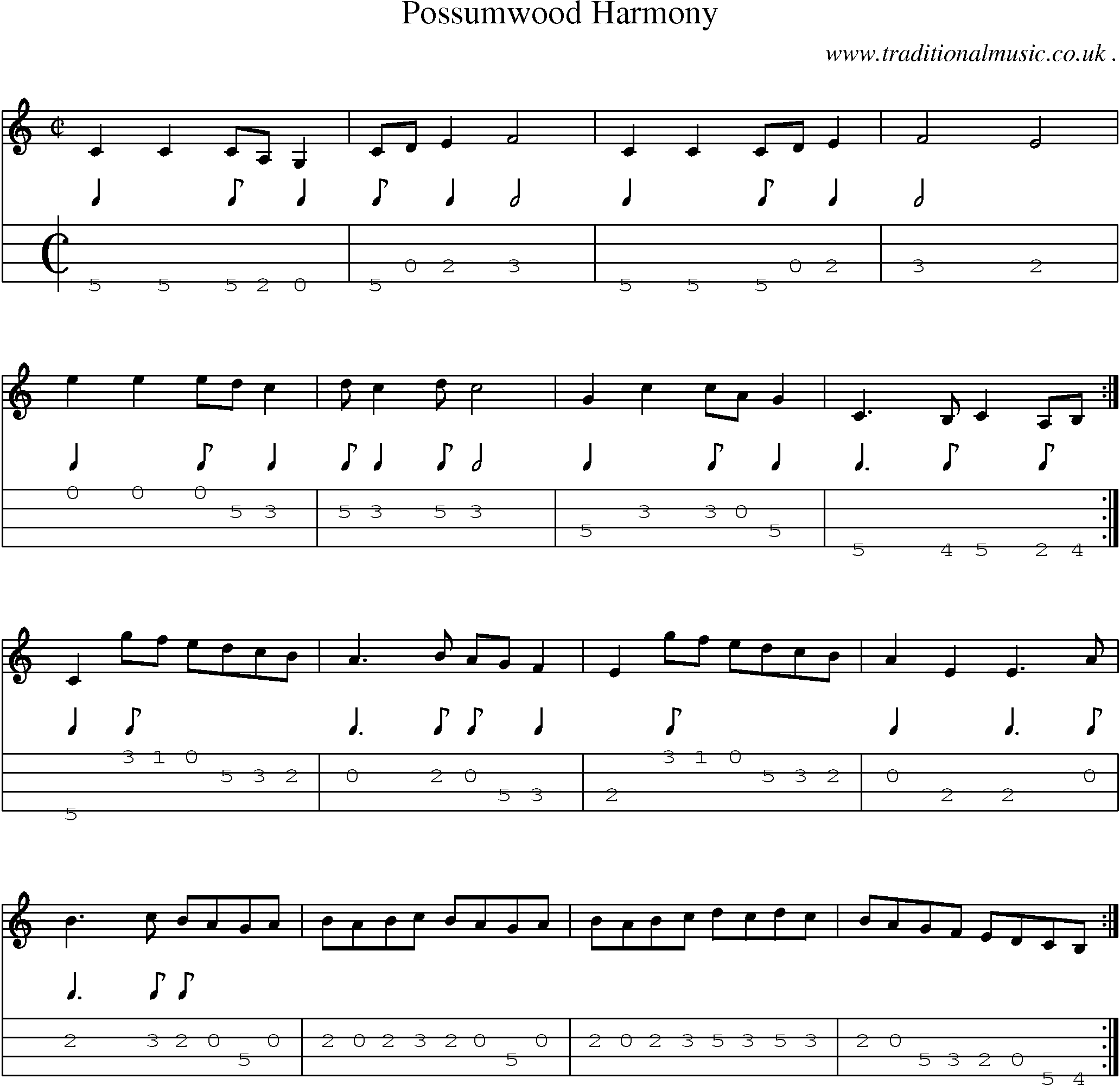 Music Score and Mandolin Tabs for Possumwood Harmony
