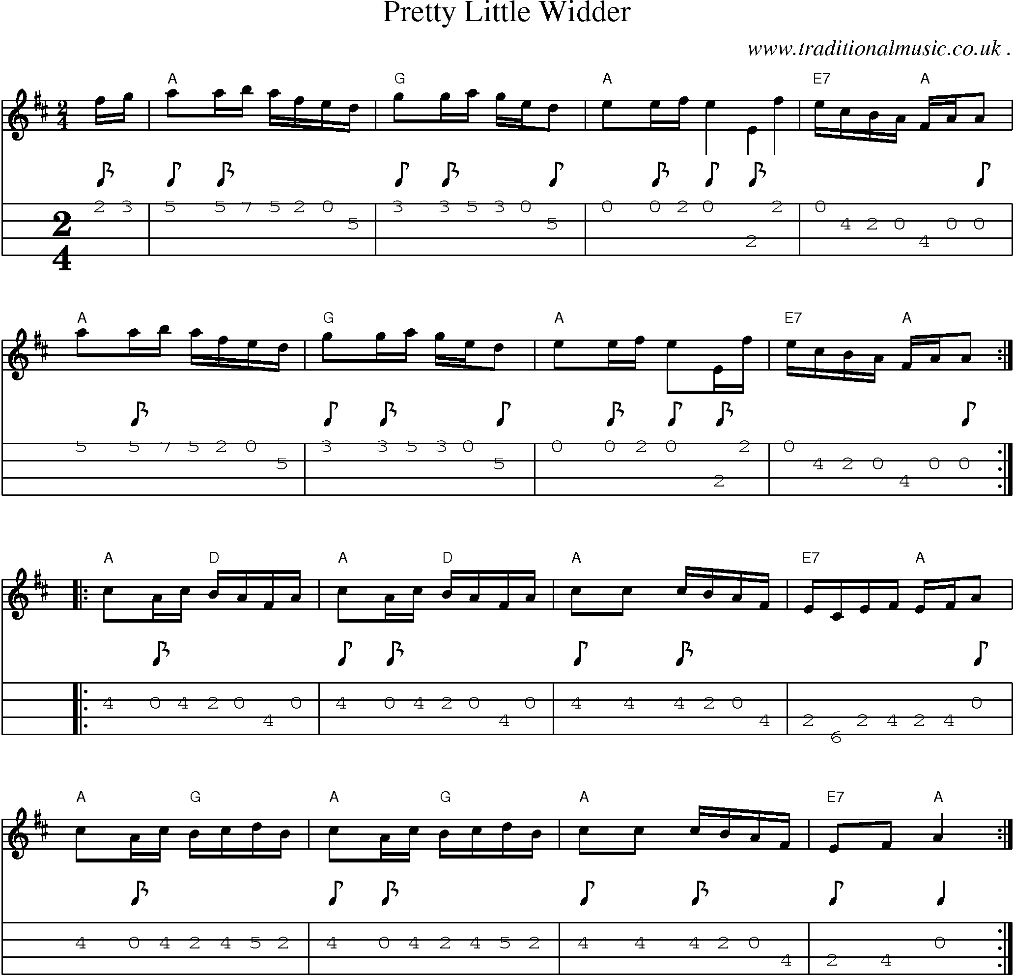 Music Score and Mandolin Tabs for Pretty Little Widder