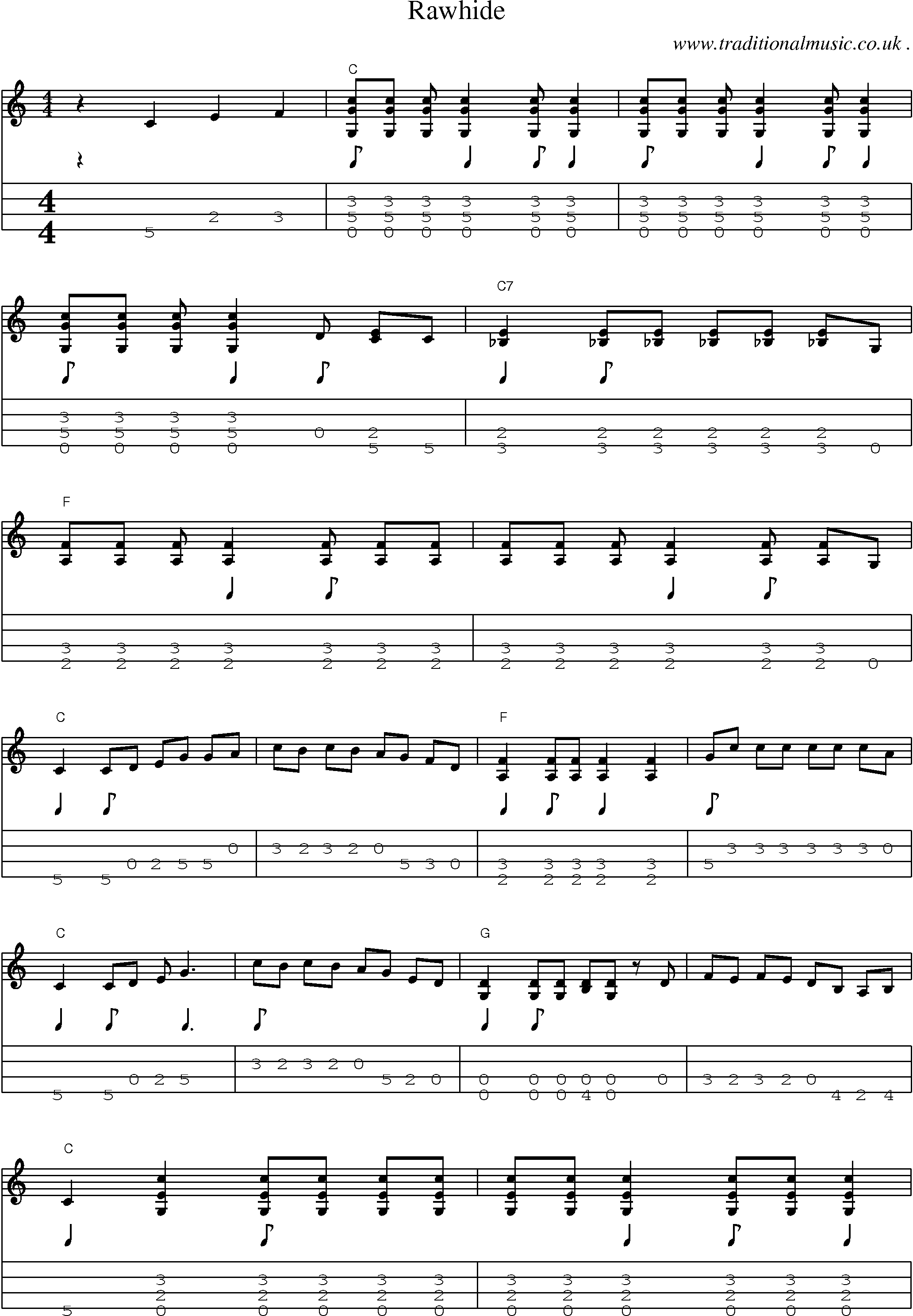 Music Score and Mandolin Tabs for Rawhide