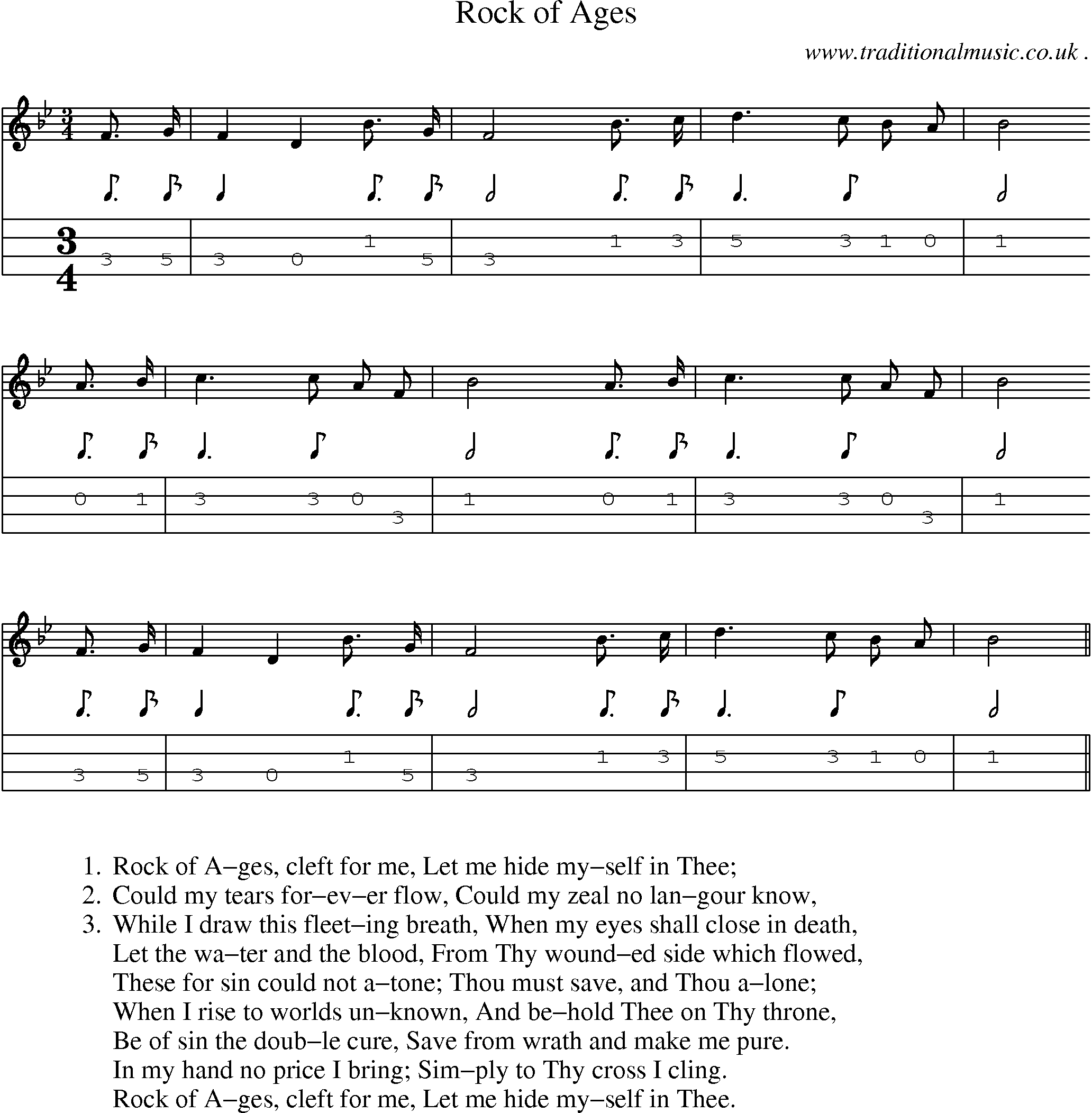 Music Score and Mandolin Tabs for Rock Of Ages