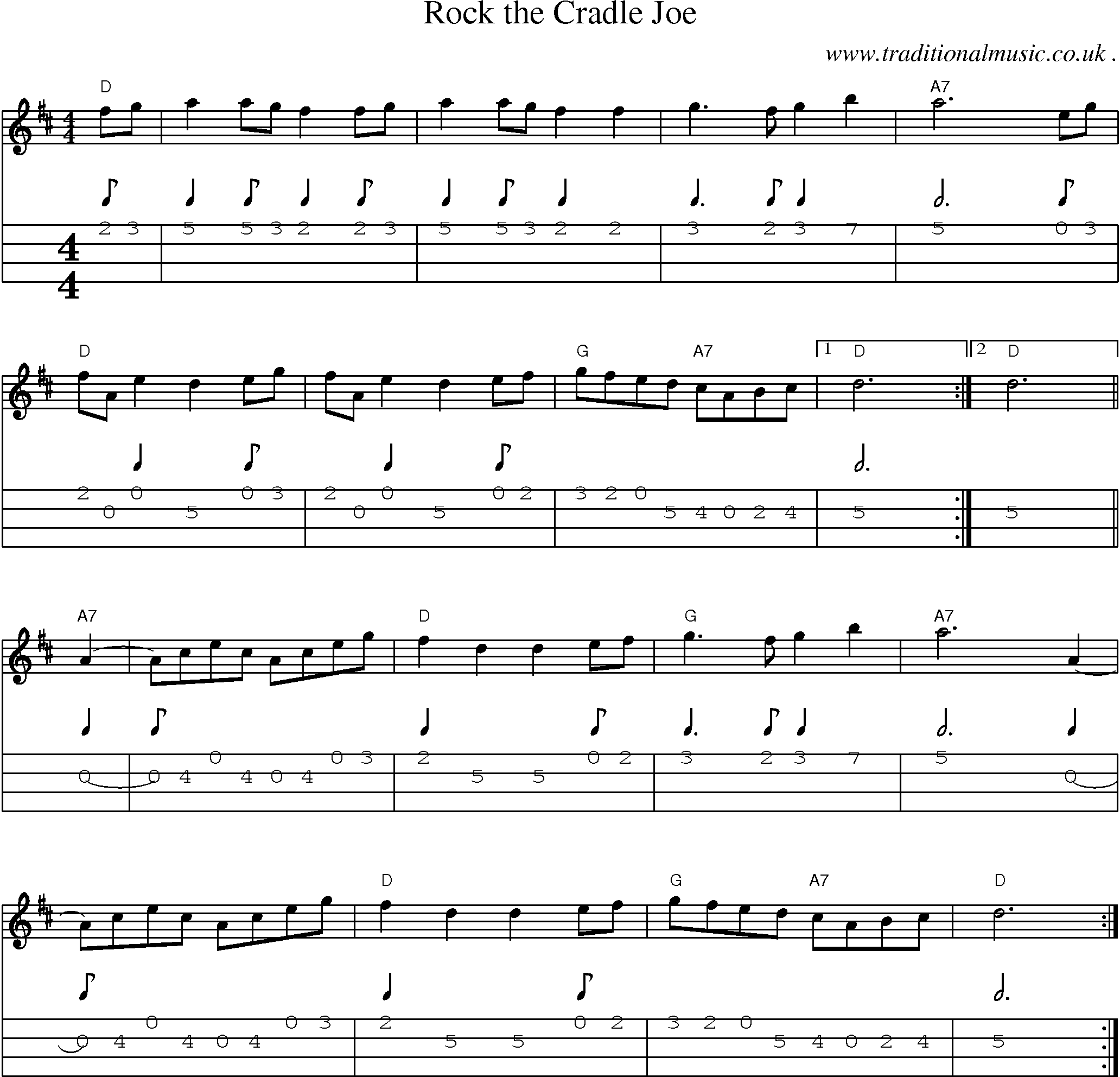 Music Score and Mandolin Tabs for Rock The Cradle Joe