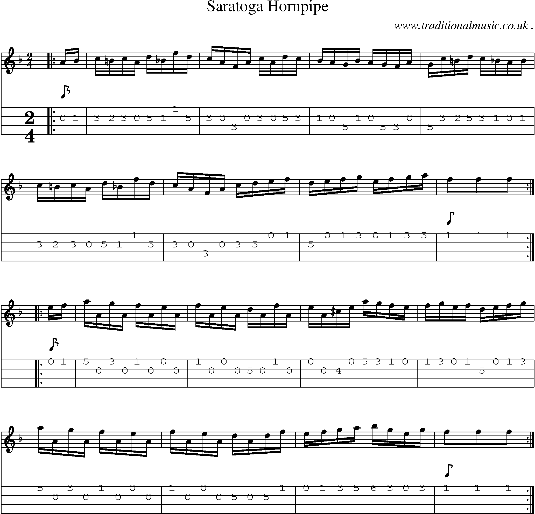 Music Score and Mandolin Tabs for Saratoga Hornpipe