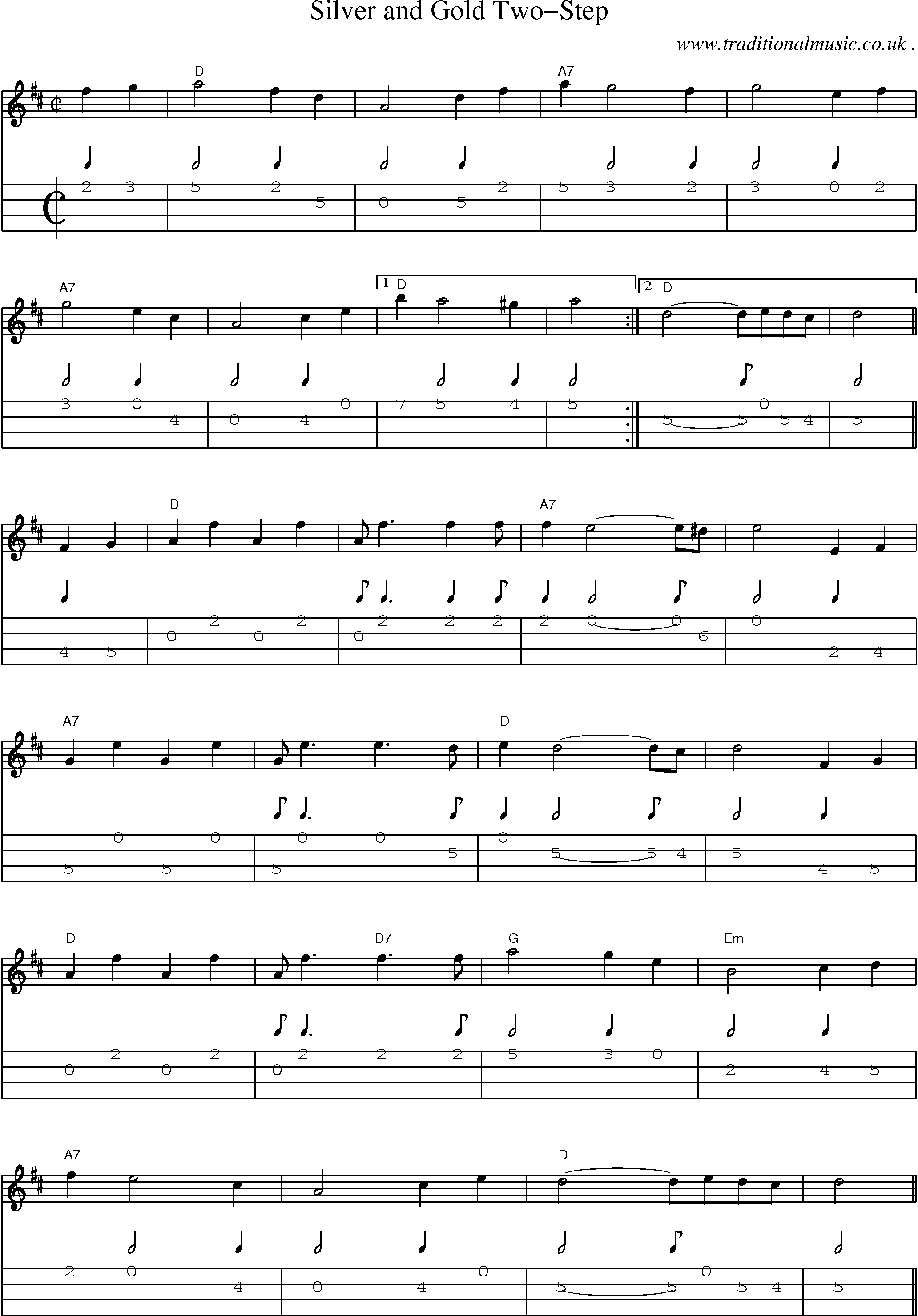 Music Score and Mandolin Tabs for Silver And Gold Two-step