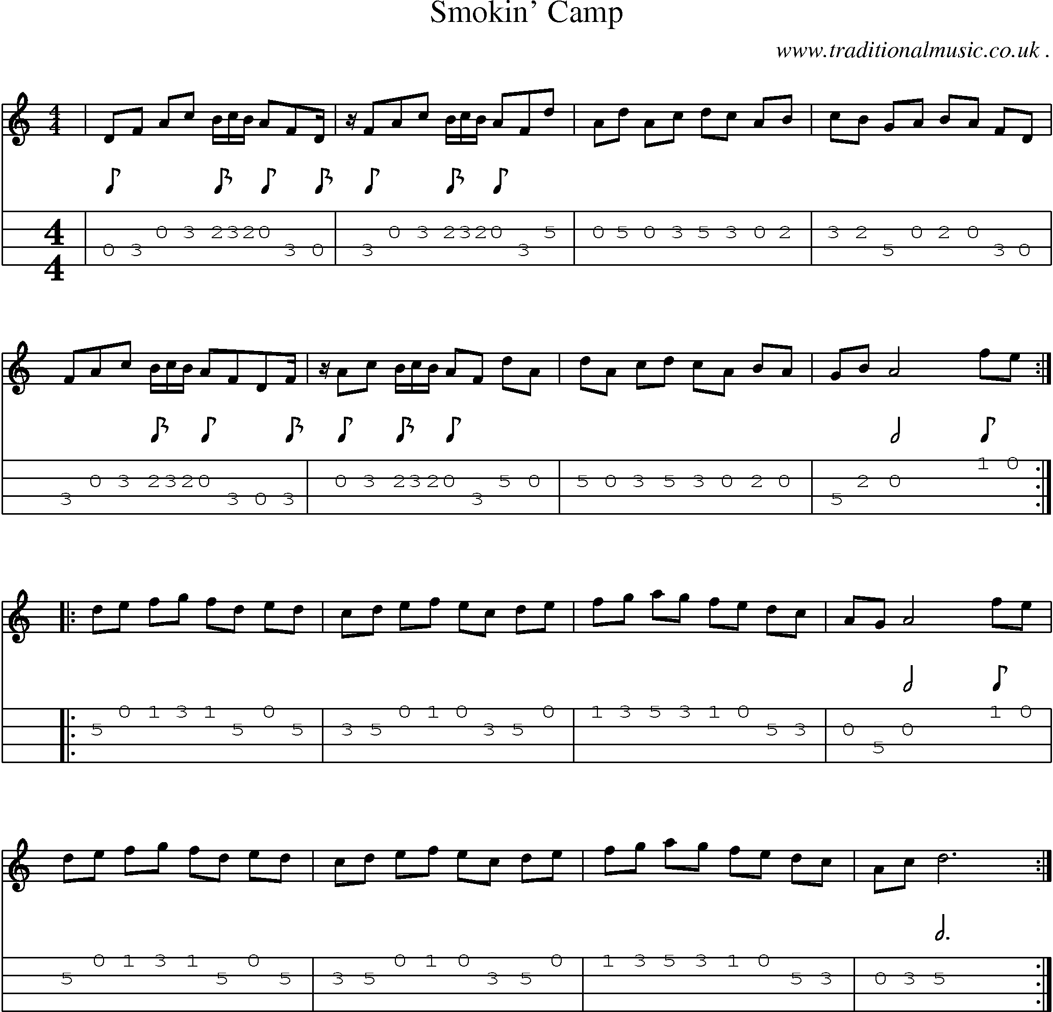 Music Score and Mandolin Tabs for Smokin Camp