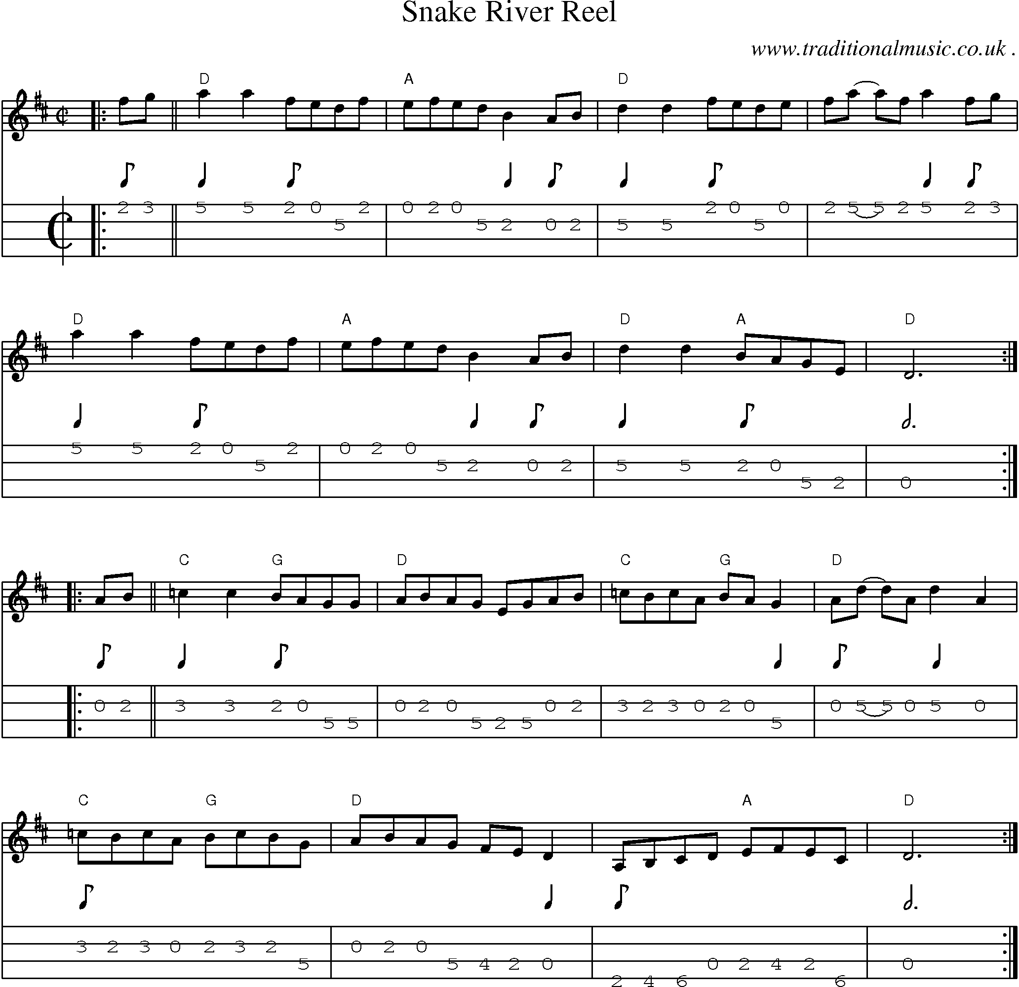 Music Score and Mandolin Tabs for Snake River Reel