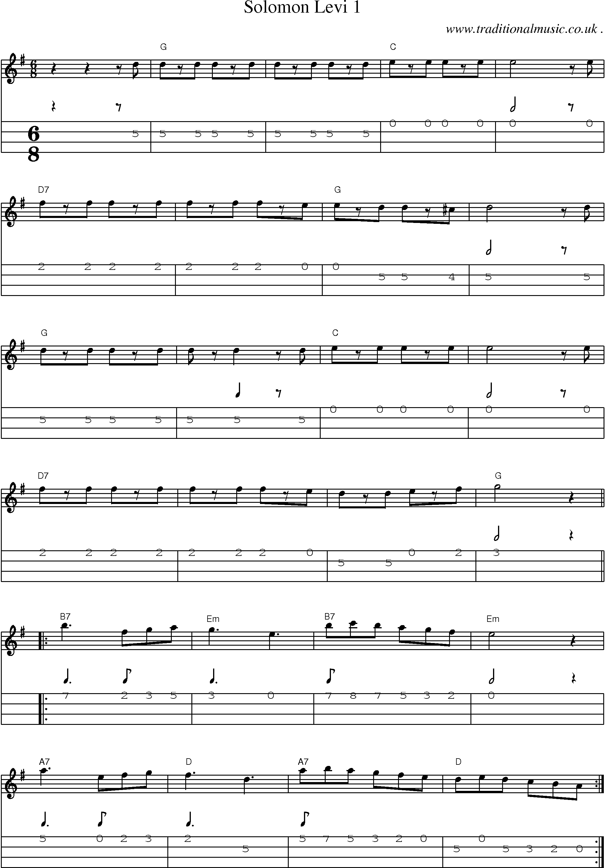 Music Score and Mandolin Tabs for Solomon Levi 1
