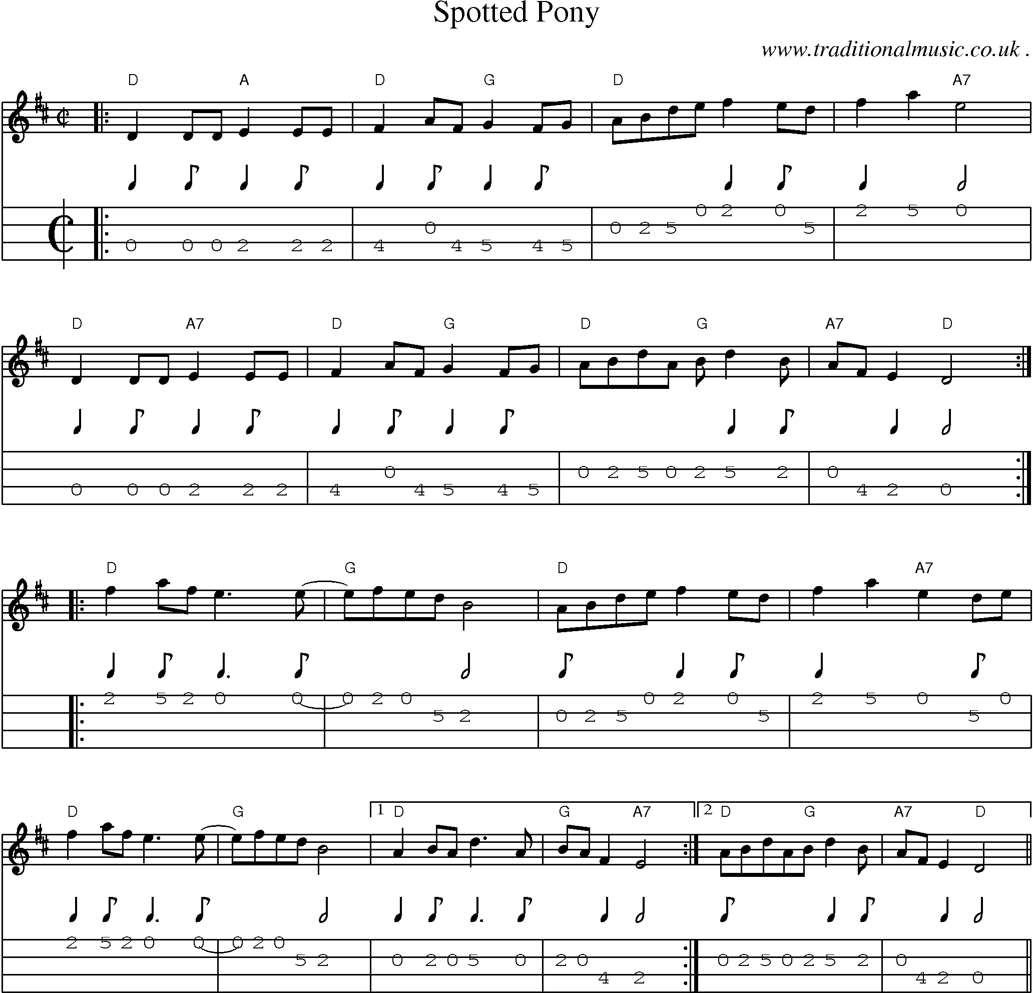Music Score and Mandolin Tabs for Spotted Pony
