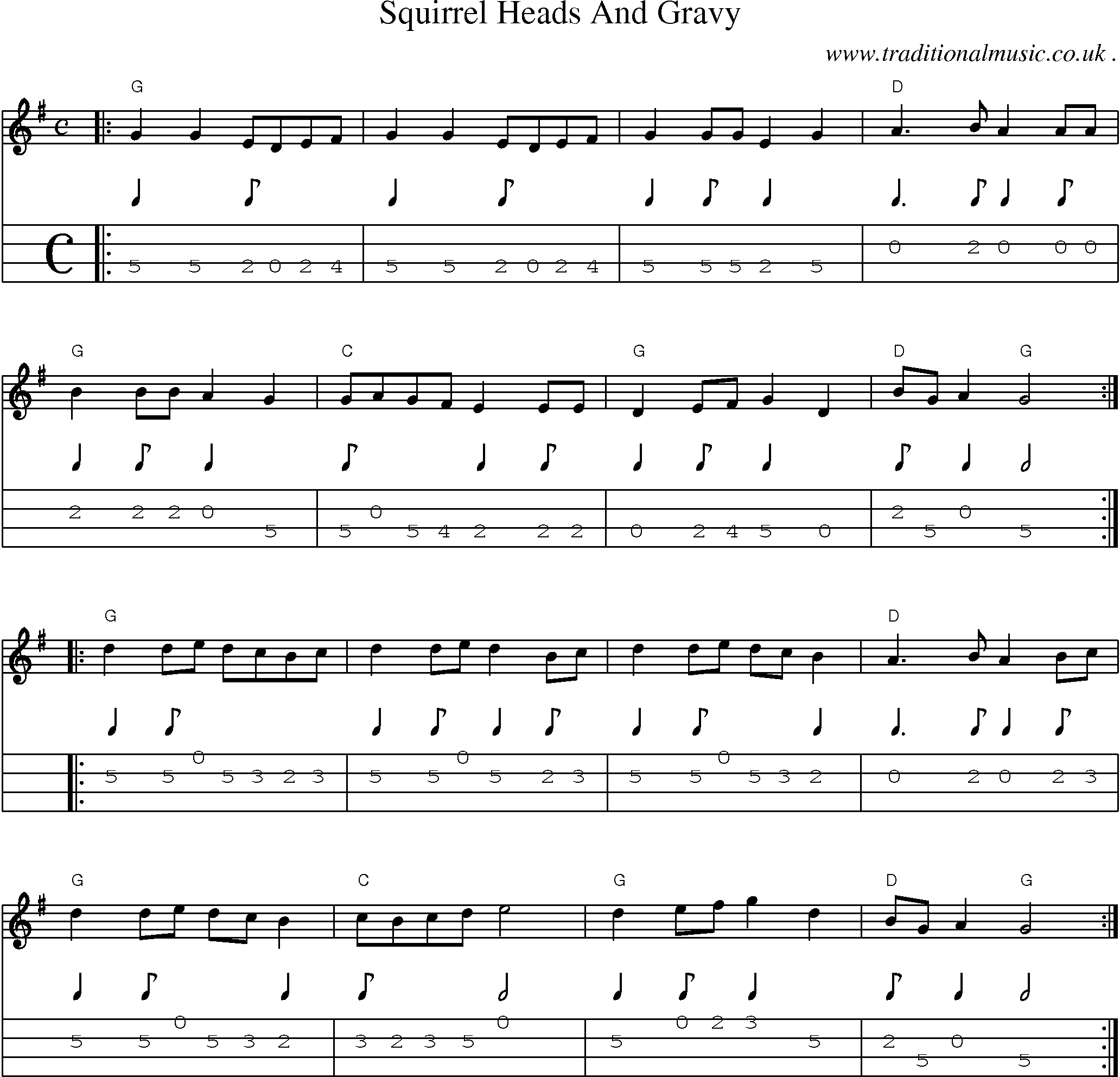 Music Score and Mandolin Tabs for Squirrel Heads And Gravy