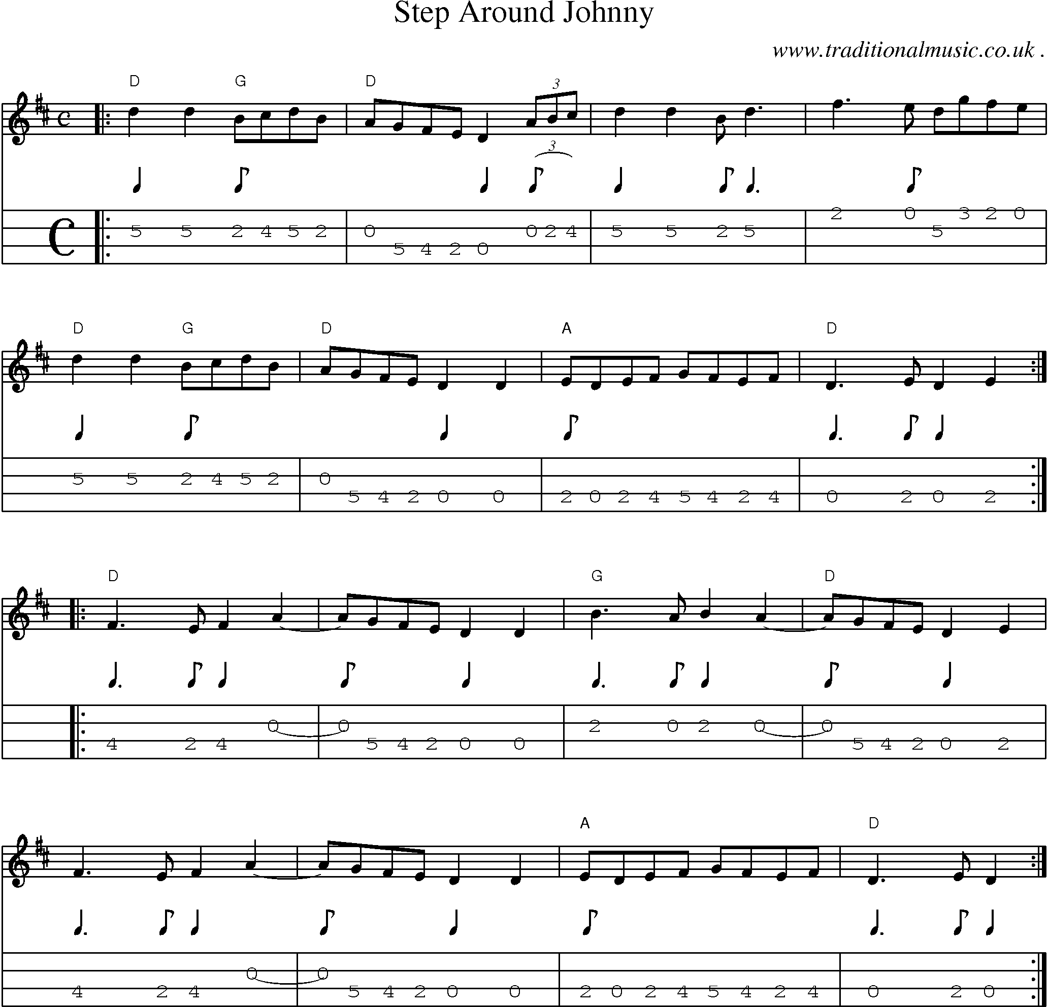 Music Score and Mandolin Tabs for Step Around Johnny