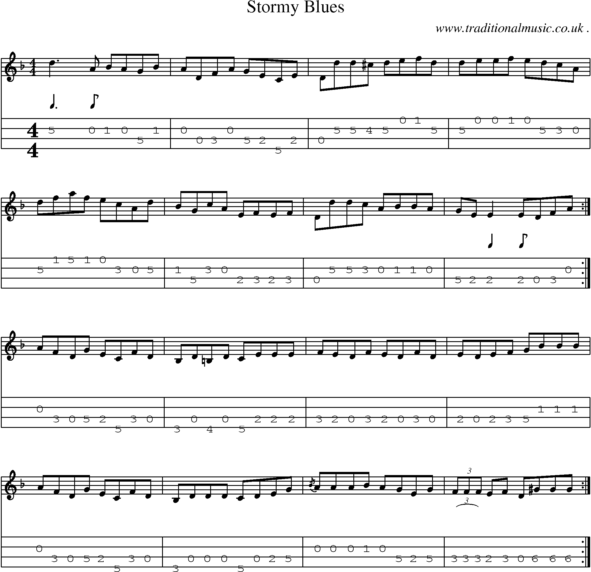 Music Score and Mandolin Tabs for Stormy Blues