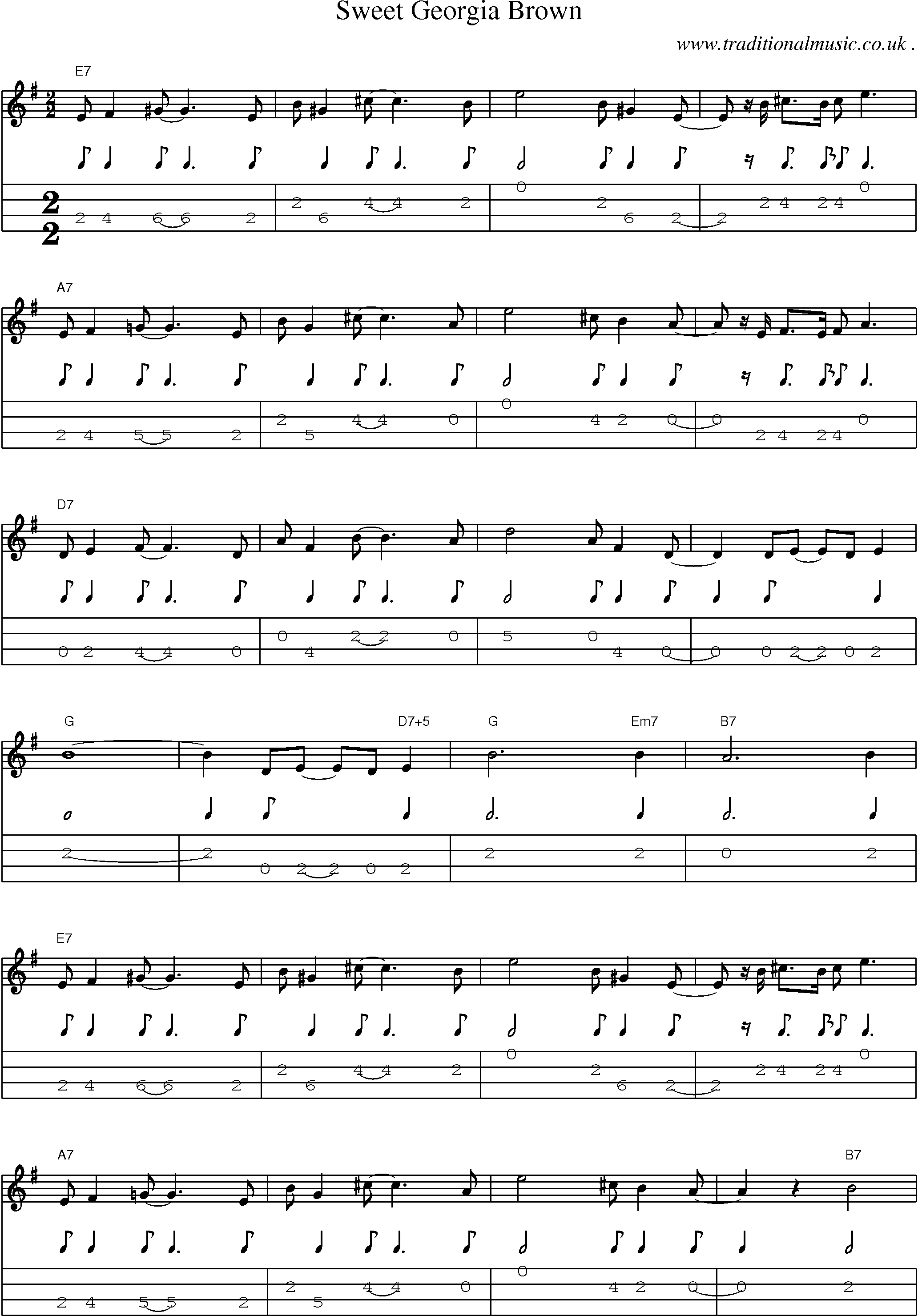 Music Score and Mandolin Tabs for Sweet Georgia Brown