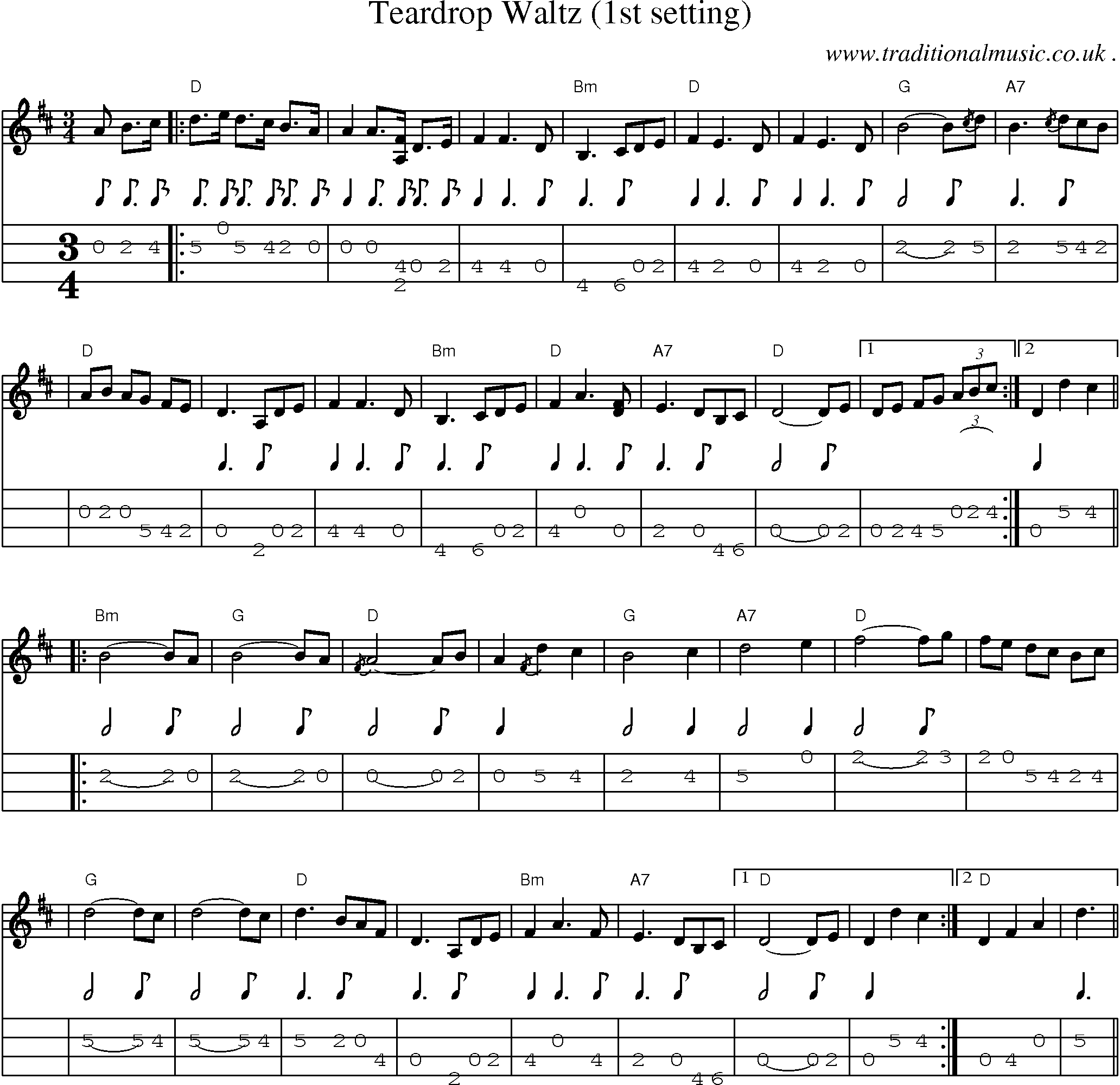 Music Score and Mandolin Tabs for Teardrop Waltz (1st Setting)