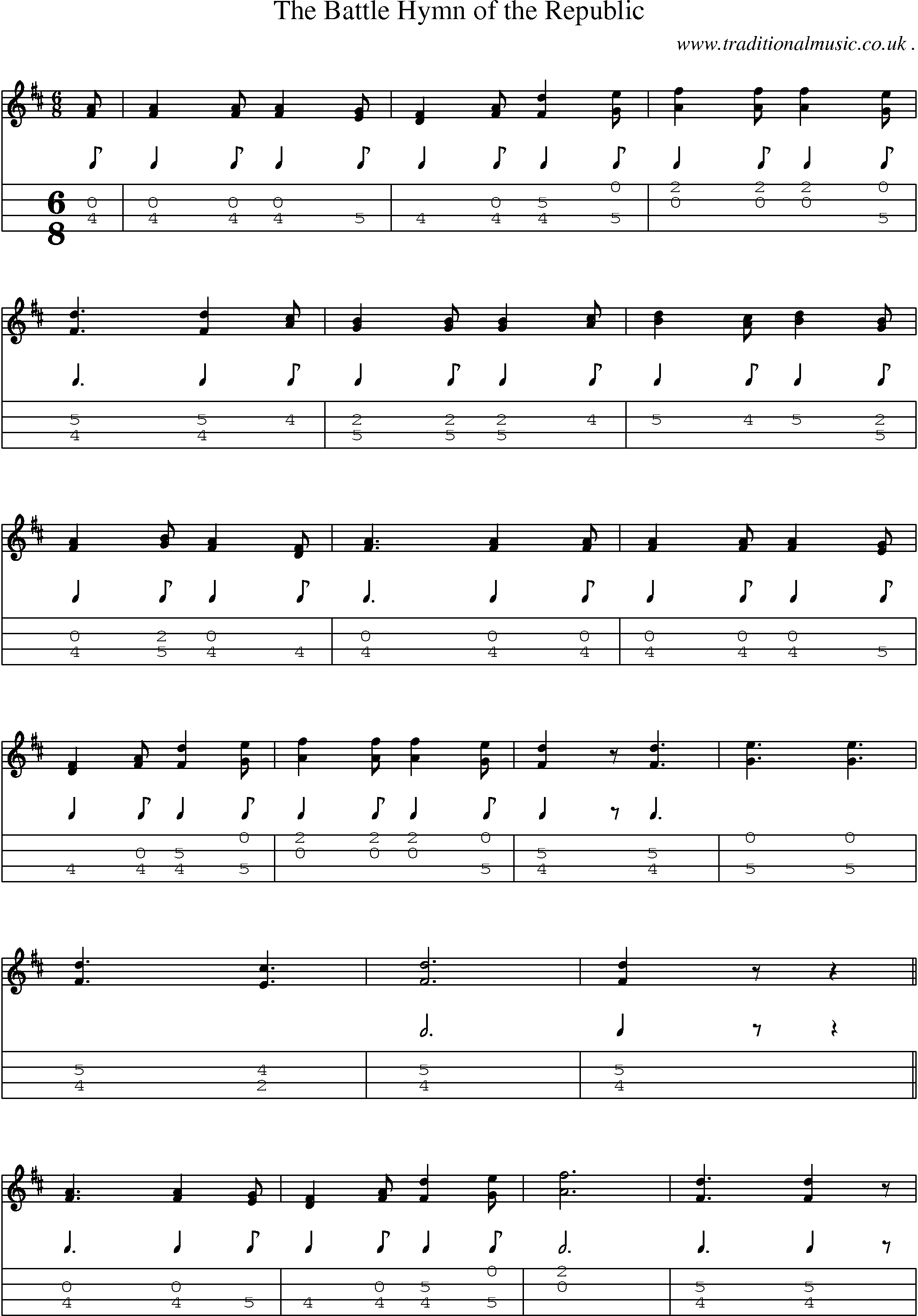 Music Score and Mandolin Tabs for The Battle Hymn Of The Republic
