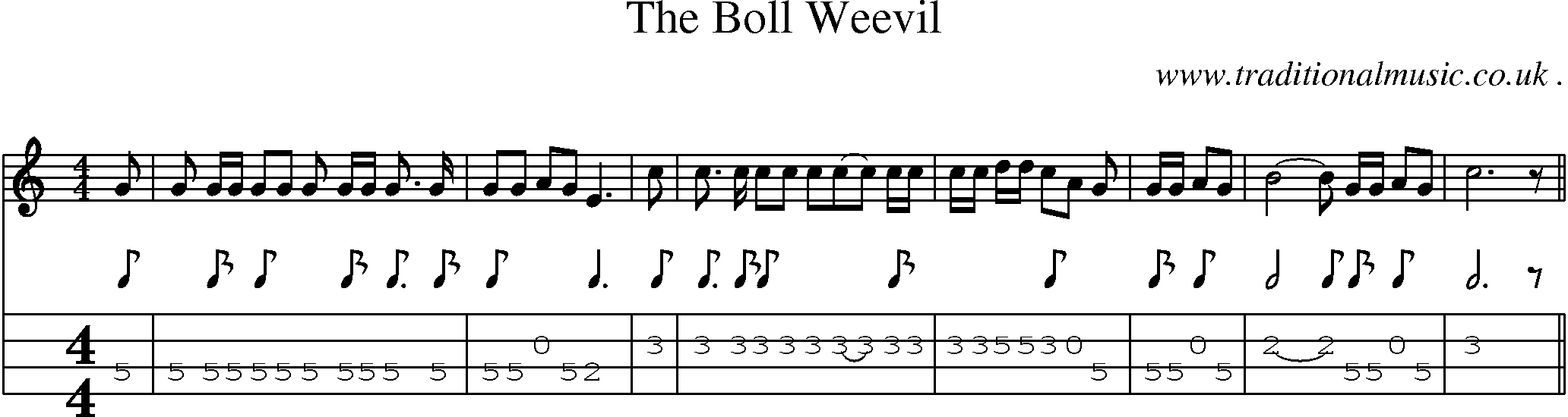 Music Score and Mandolin Tabs for The Boll Weevil