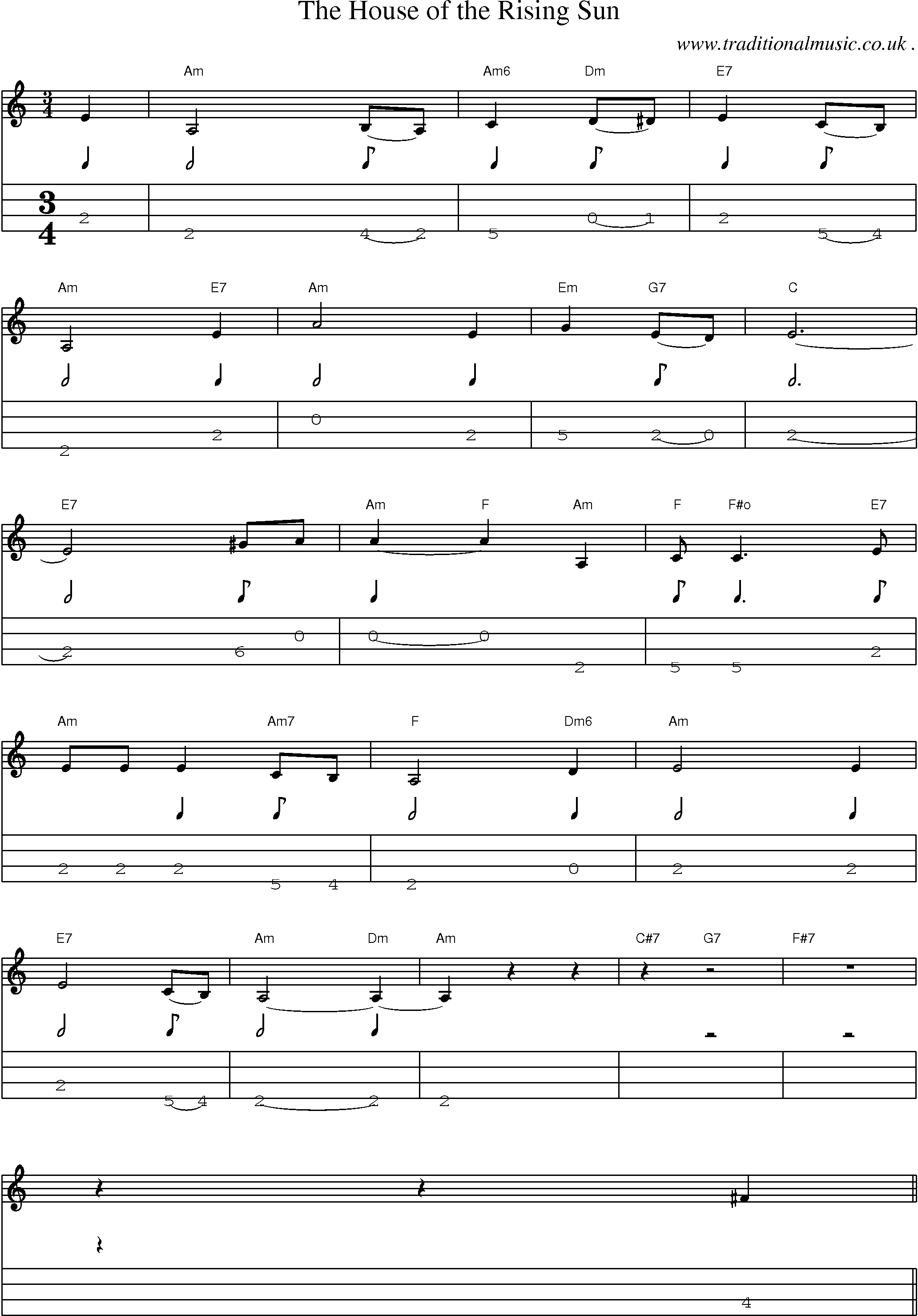 Music Score and Mandolin Tabs for The House Of The Rising Sun