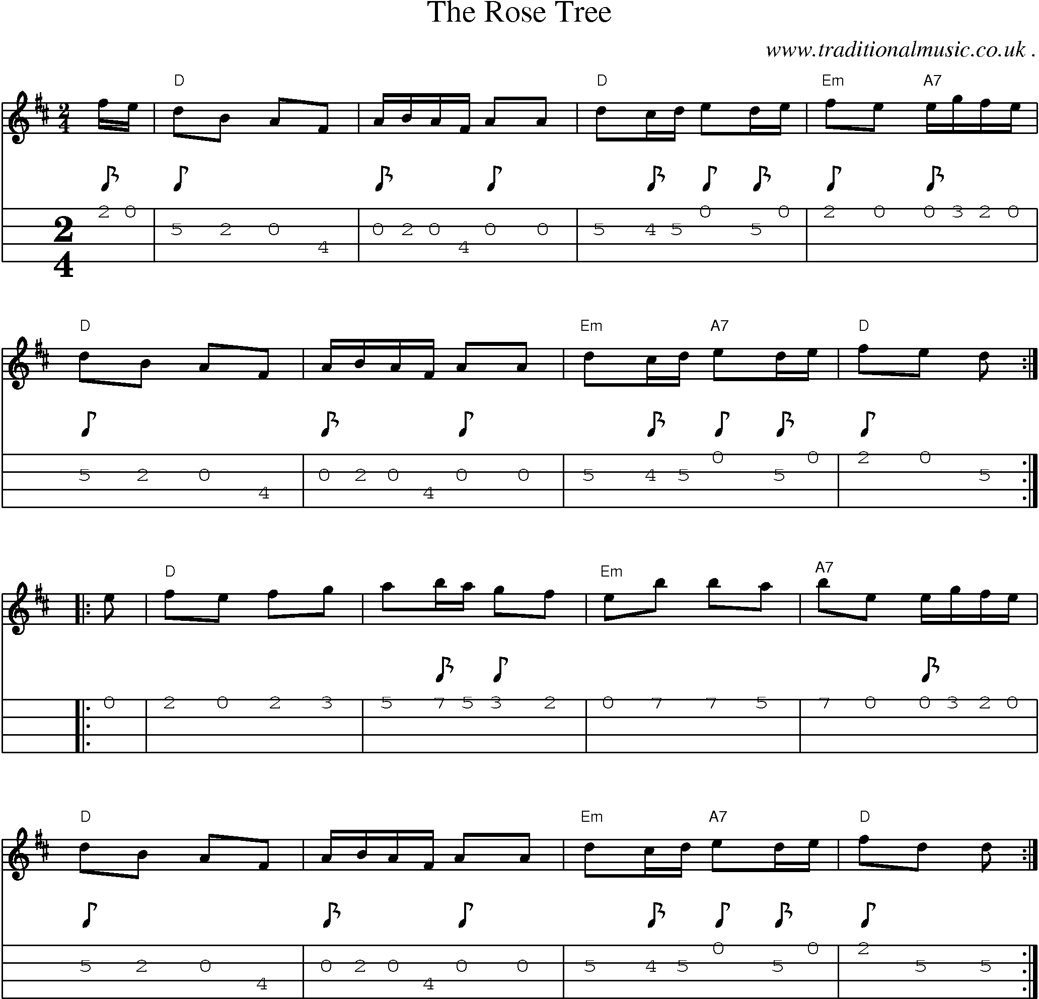 Music Score and Mandolin Tabs for The Rose Tree