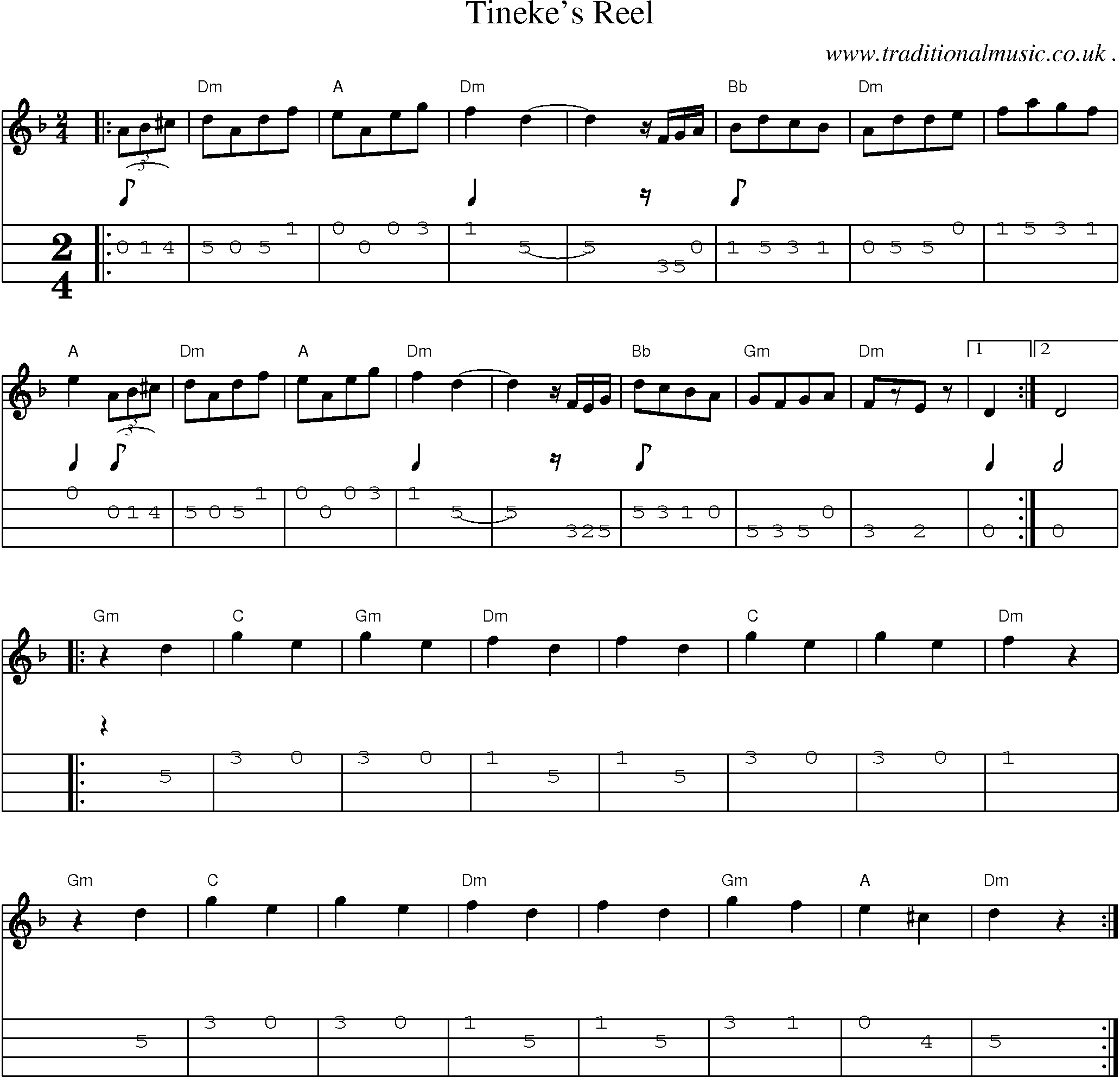 Music Score and Mandolin Tabs for Tinekes Reel