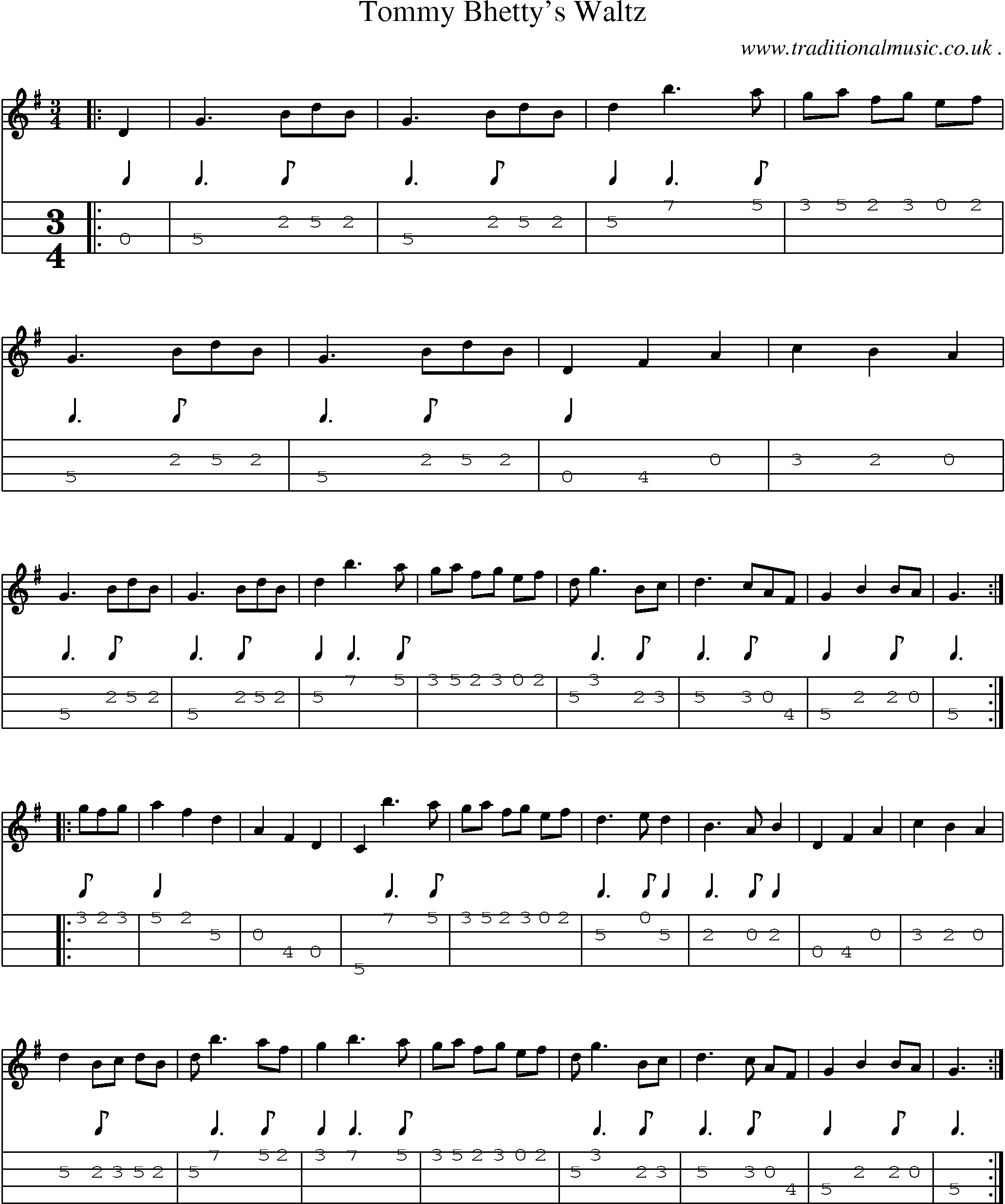 Music Score and Mandolin Tabs for Tommy Bhettys Waltz
