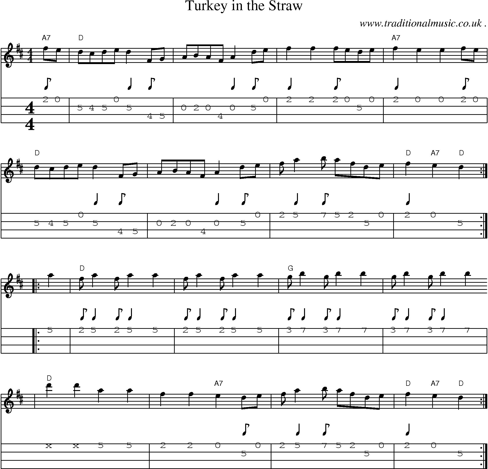 Music Score and Mandolin Tabs for Turkey In The Straw