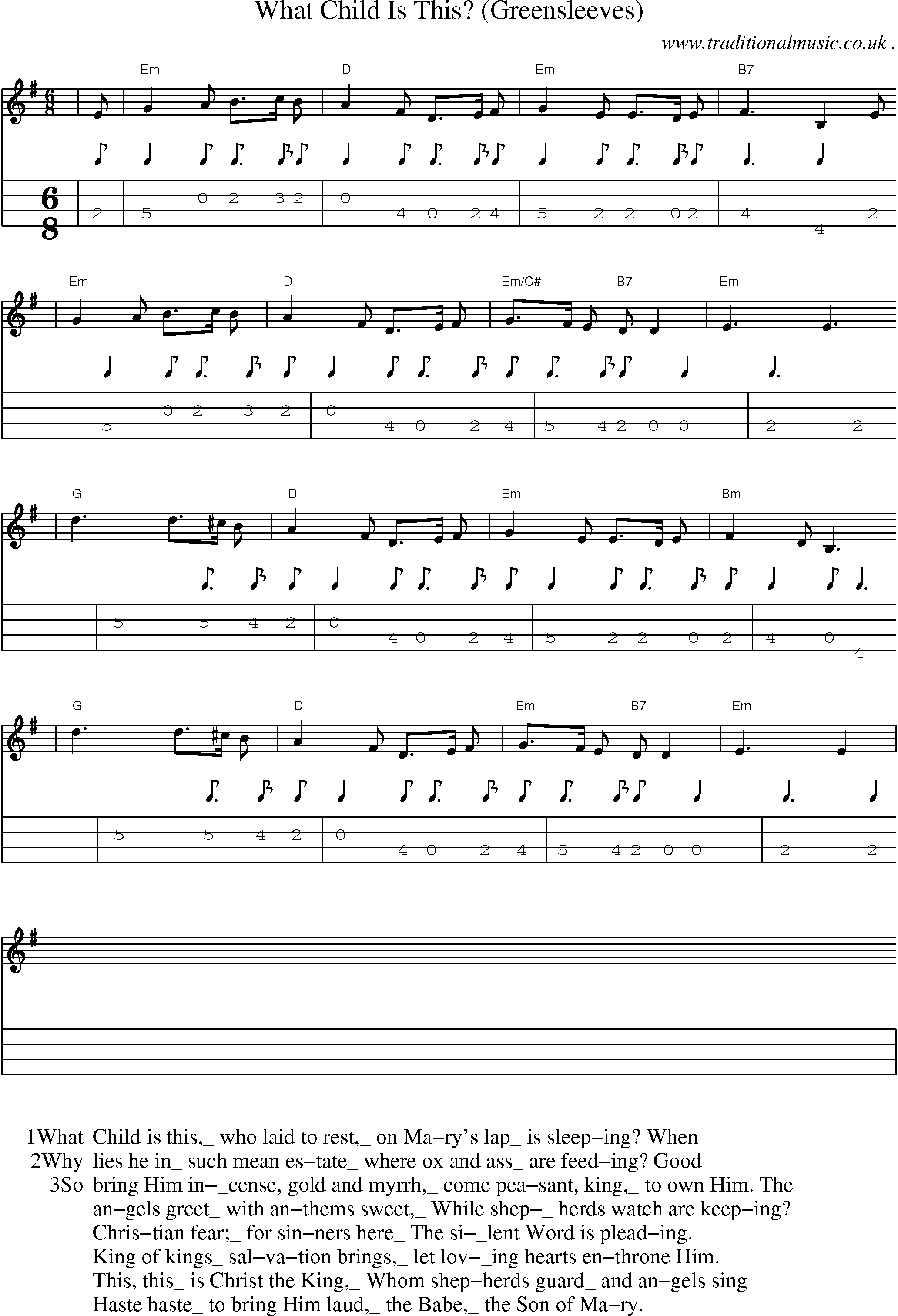 Music Score and Mandolin Tabs for What Child Is This (greensleeves)