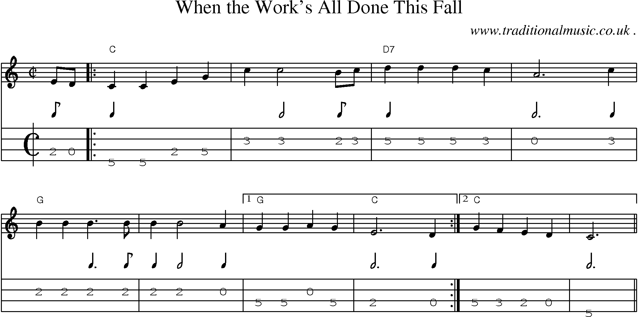 Music Score and Mandolin Tabs for When The Works All Done This Fall