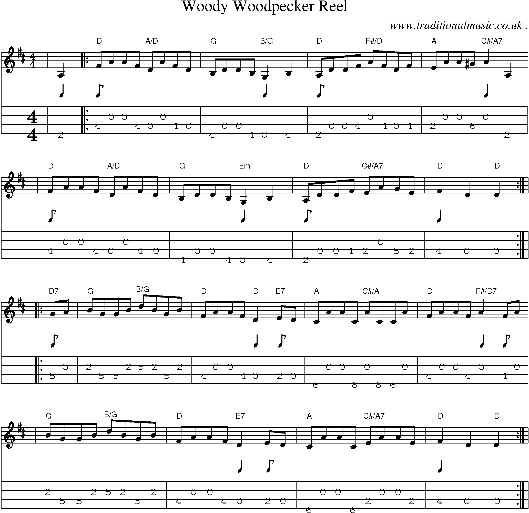 Music Score and Mandolin Tabs for Woody Woodpecker Reel
