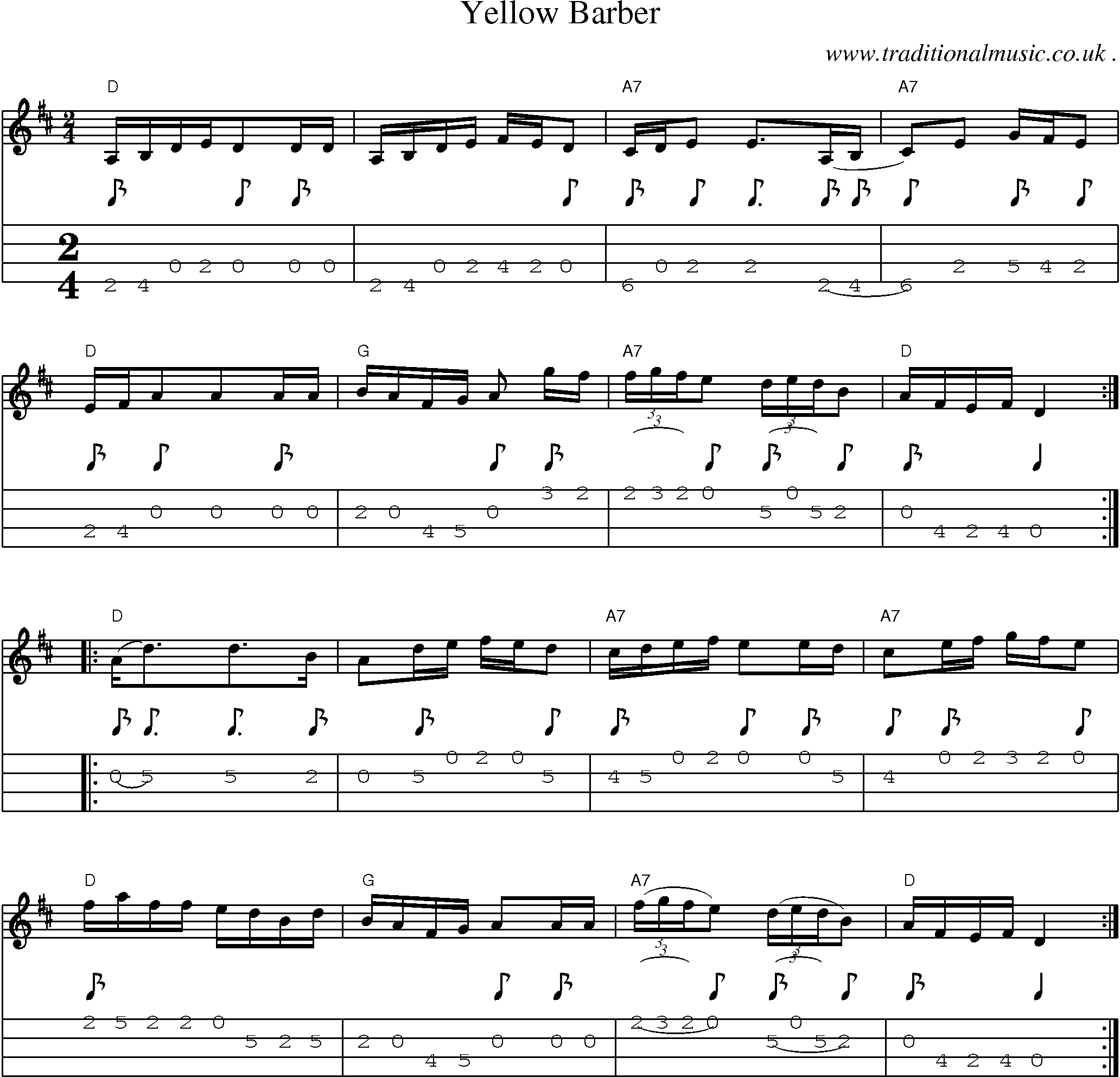 Music Score and Mandolin Tabs for Yellow Barber