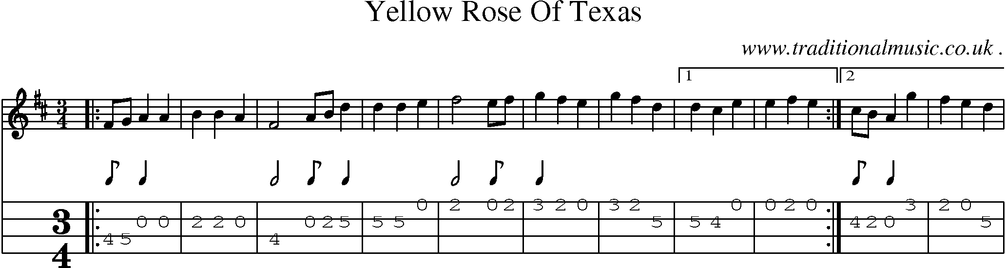 Music Score and Mandolin Tabs for Yellow Rose Of Texas