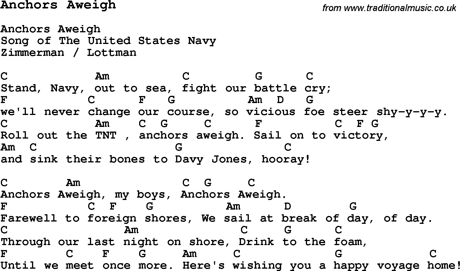 Traditional Song Anchors Aweigh with Chords, Tabs and Lyrics