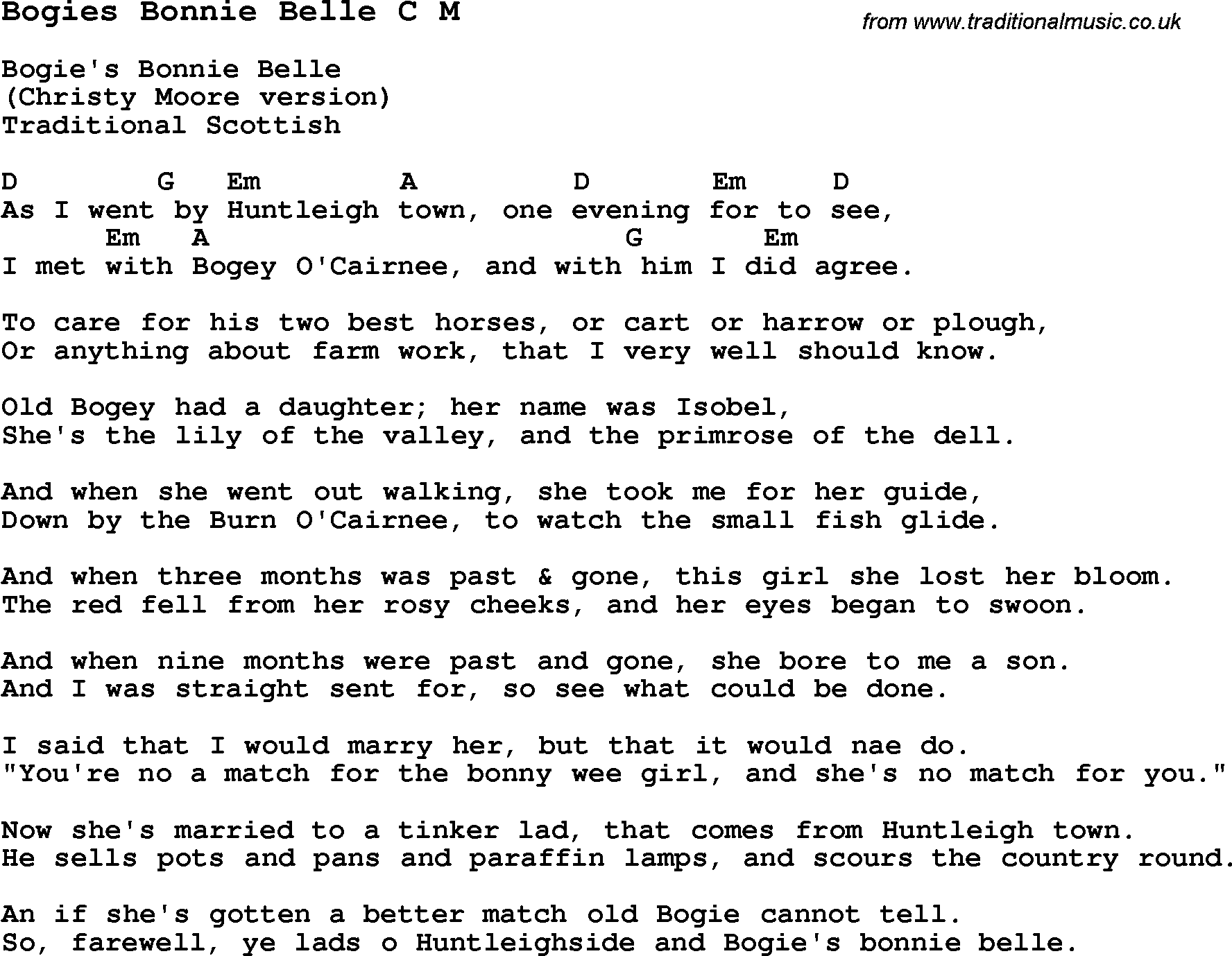 Traditional Song Bogies Bonnie Belle C M with Chords, Tabs and Lyrics