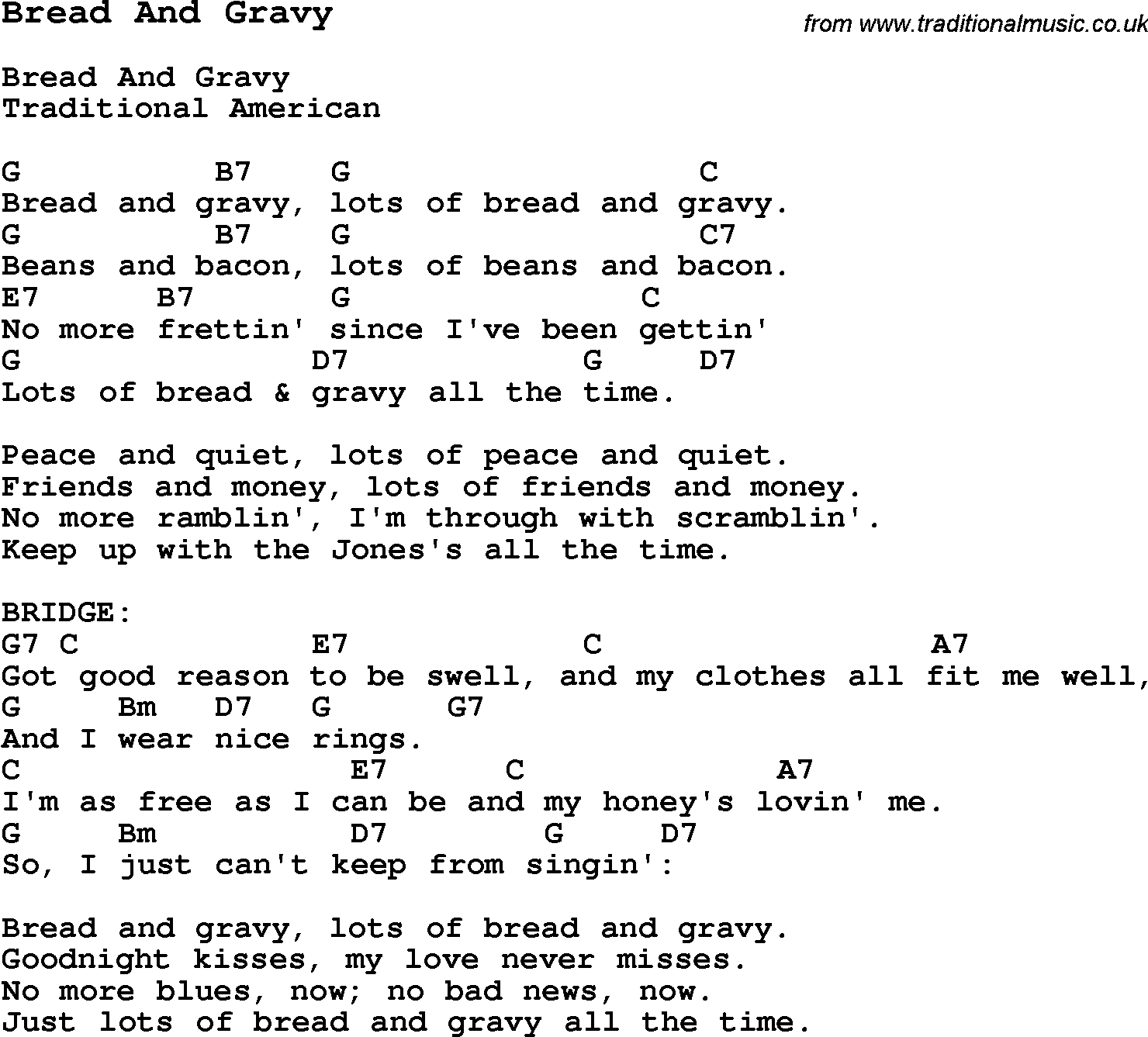 Traditional Song Bread And Gravy with Chords, Tabs and Lyrics