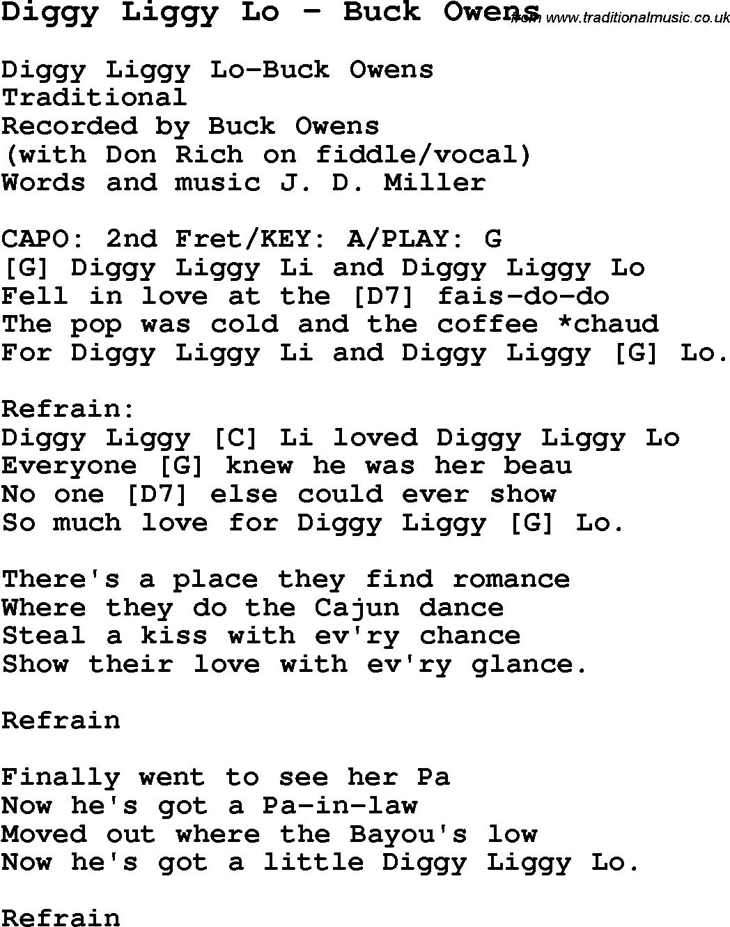 Traditional Song Diggy Liggy Lo - Buck Owens with Chords, Tabs and Lyrics