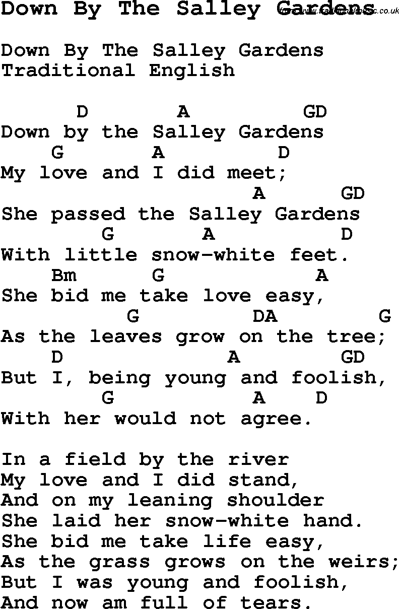 Traditional Song Down By The Salley Gardens with Chords, Tabs and Lyrics
