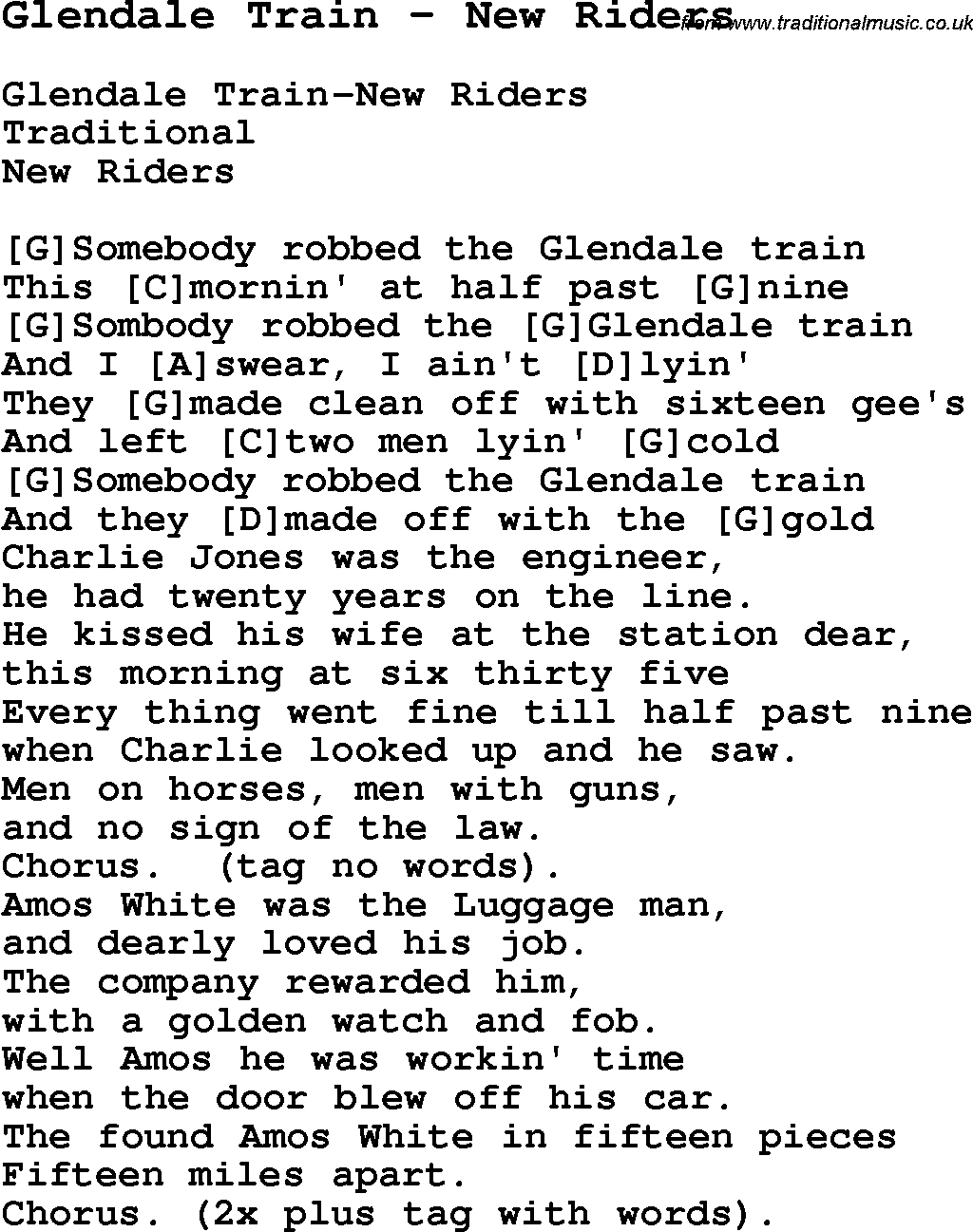 Traditional Song Glendale Train - New Riders with Chords, Tabs and Lyrics