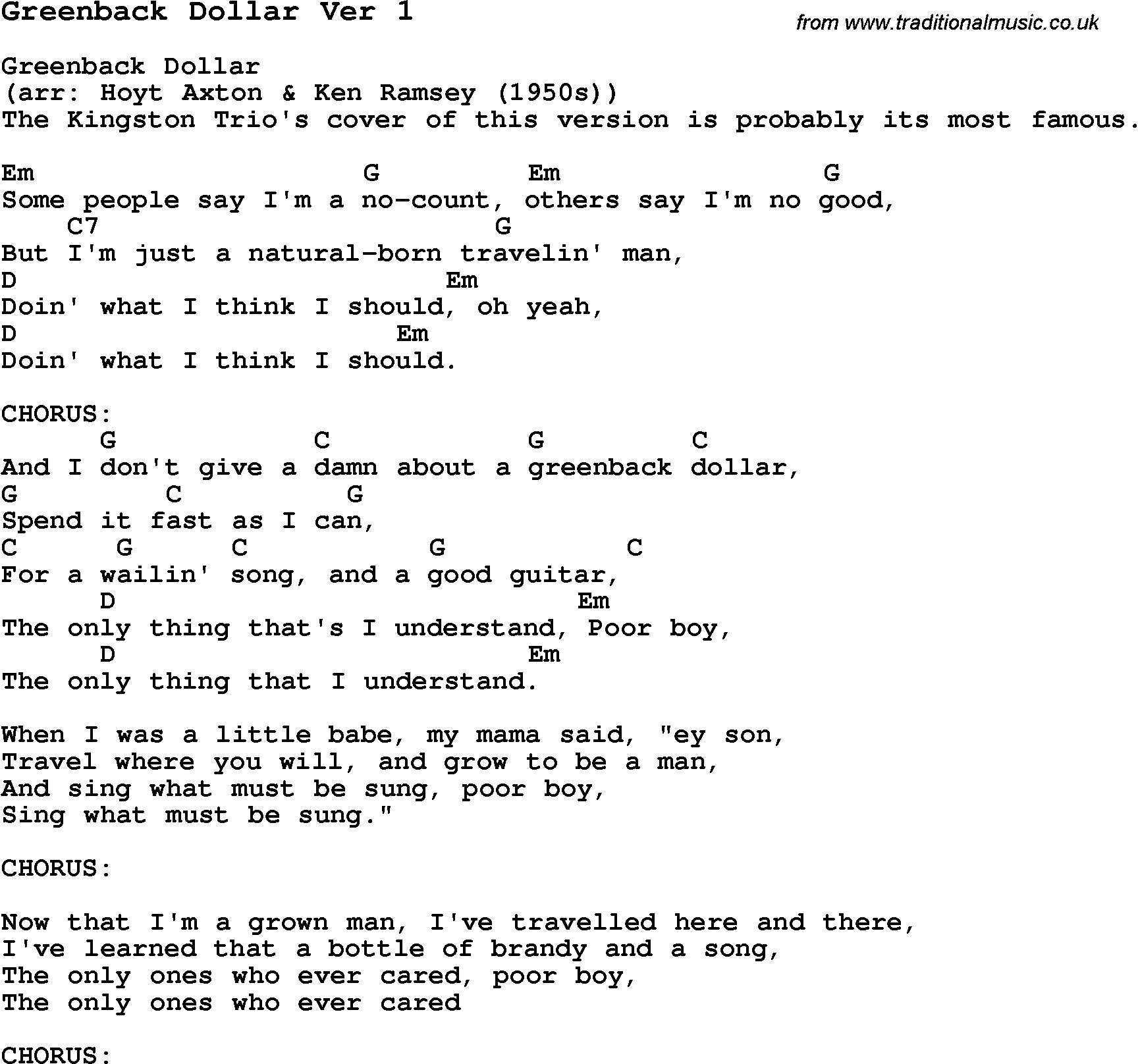 Traditional Song Greenback Dollar Ver 1 with Chords, Tabs and Lyrics