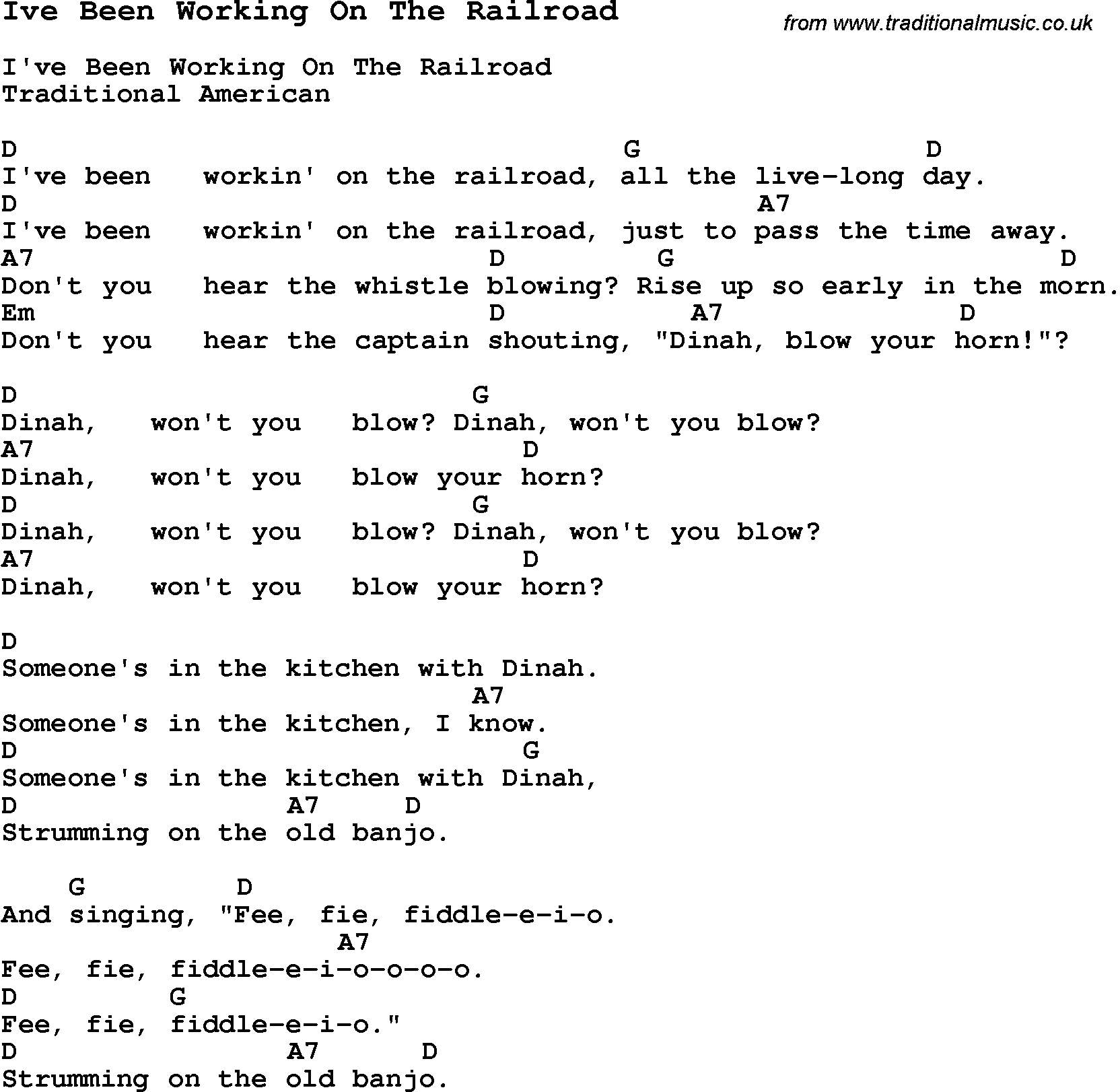 Traditional Song Ive Been Working On The Railroad with Chords, Tabs and Lyrics