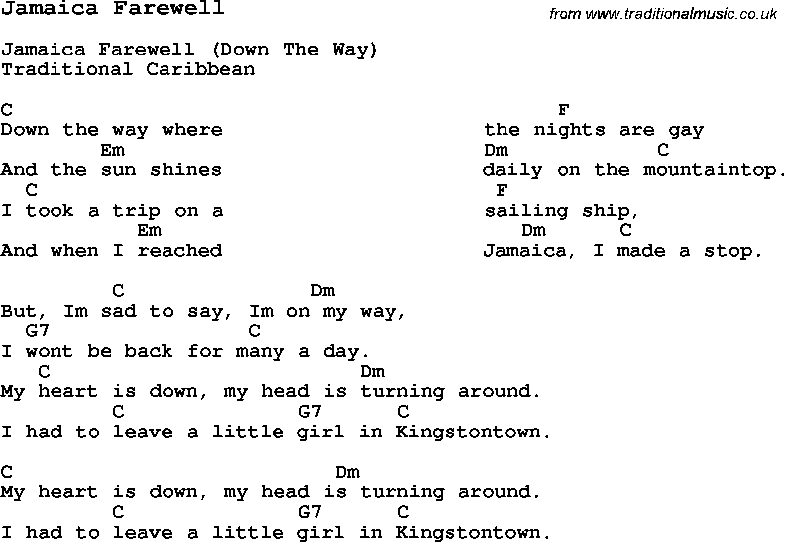 Traditional Song Jamaica Farewell with Chords, Tabs and Lyrics