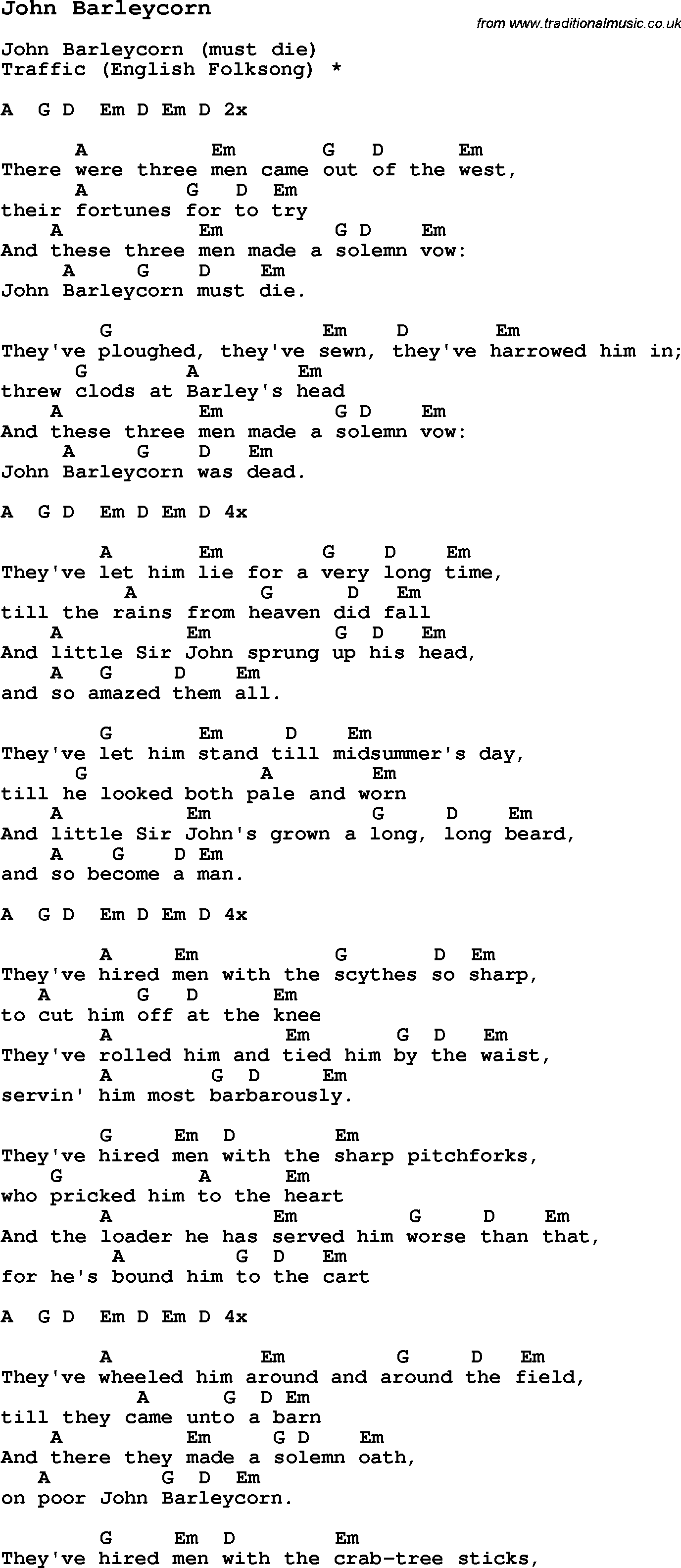 Traditional Song John Barleycorn with Chords, Tabs and Lyrics
