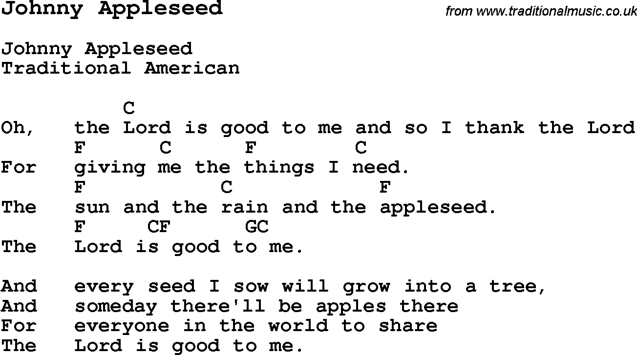 Traditional Song Johnny Appleseed with Chords, Tabs and Lyrics