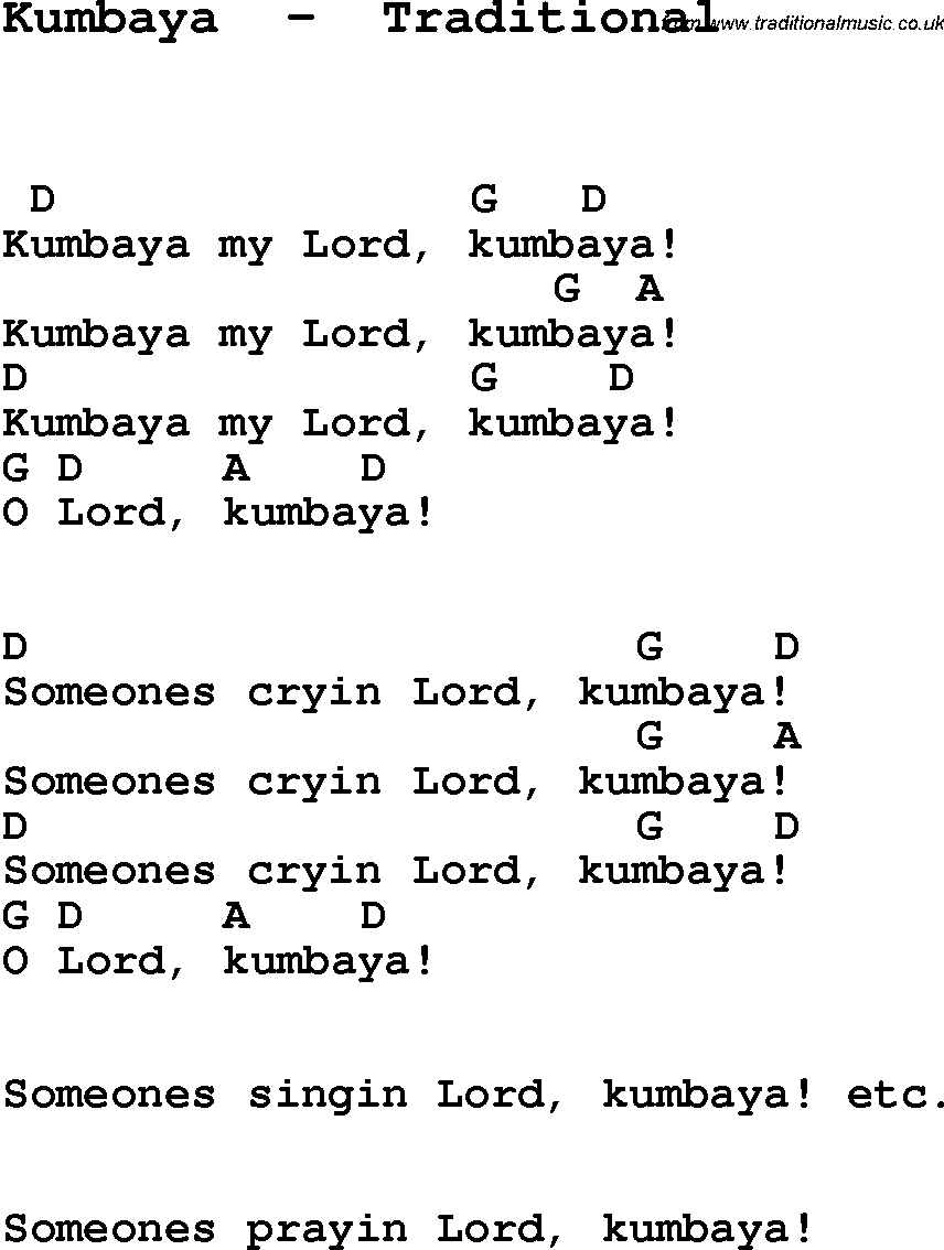 Traditional Song Kumbaya  -  Traditional with Chords, Tabs and Lyrics