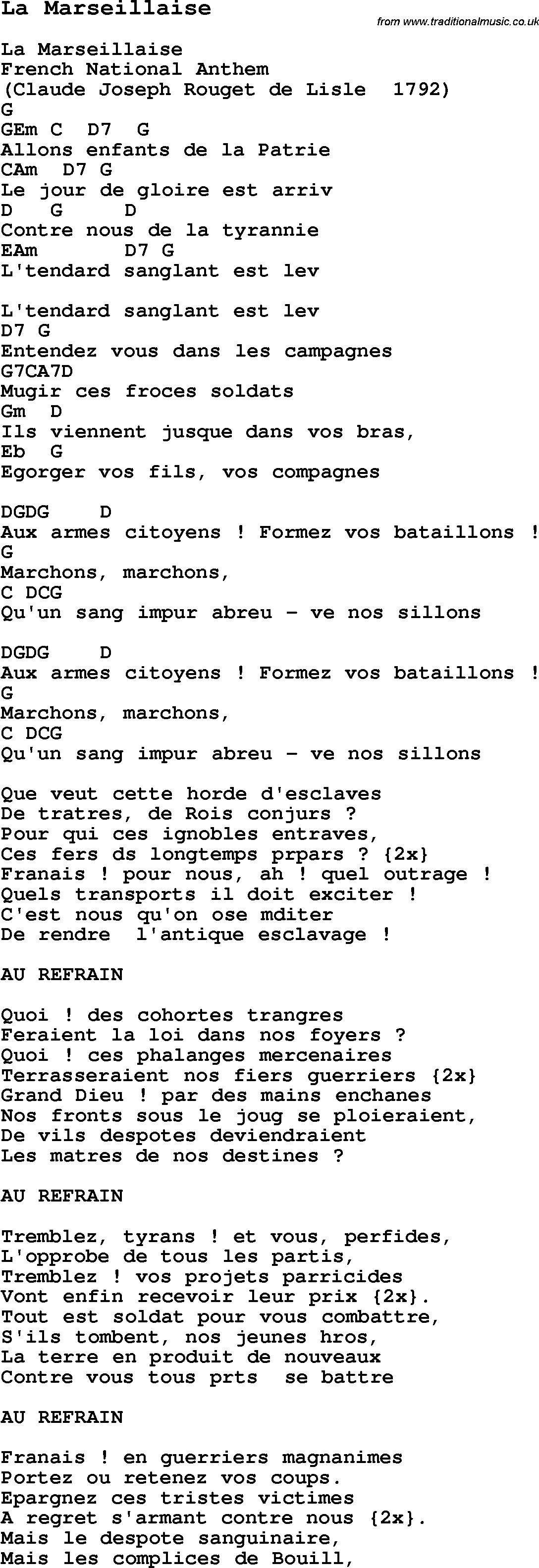 Traditional Song La Marseillaise with Chords, Tabs and Lyrics