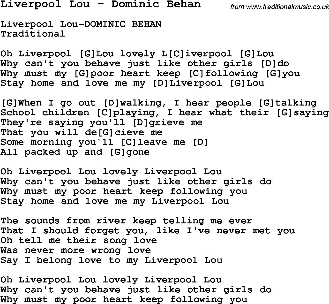 Traditional Song Liverpool Lou - Dominic Behan with Chords, Tabs and Lyrics