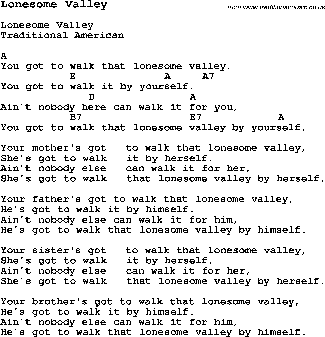 Traditional Song Lonesome Valley with Chords, Tabs and Lyrics
