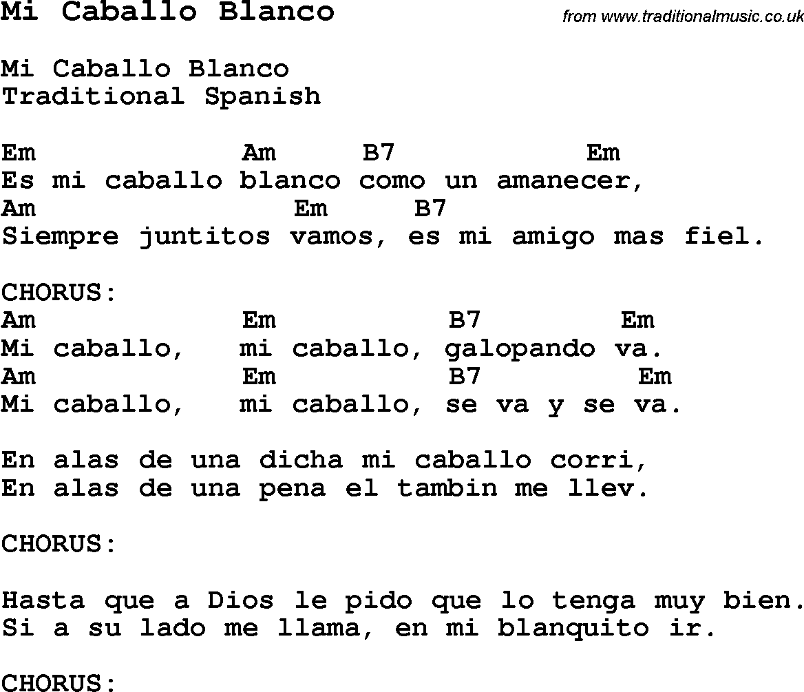 Traditional Song Mi Caballo Blanco with Chords, Tabs and Lyrics