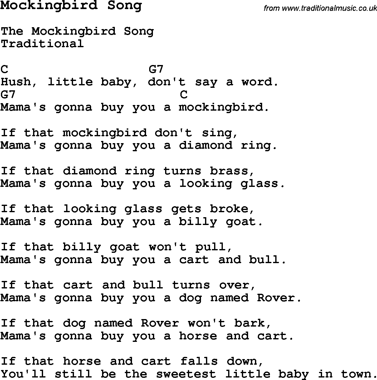 Traditional Song Mockingbird Song with Chords, Tabs and Lyrics.
