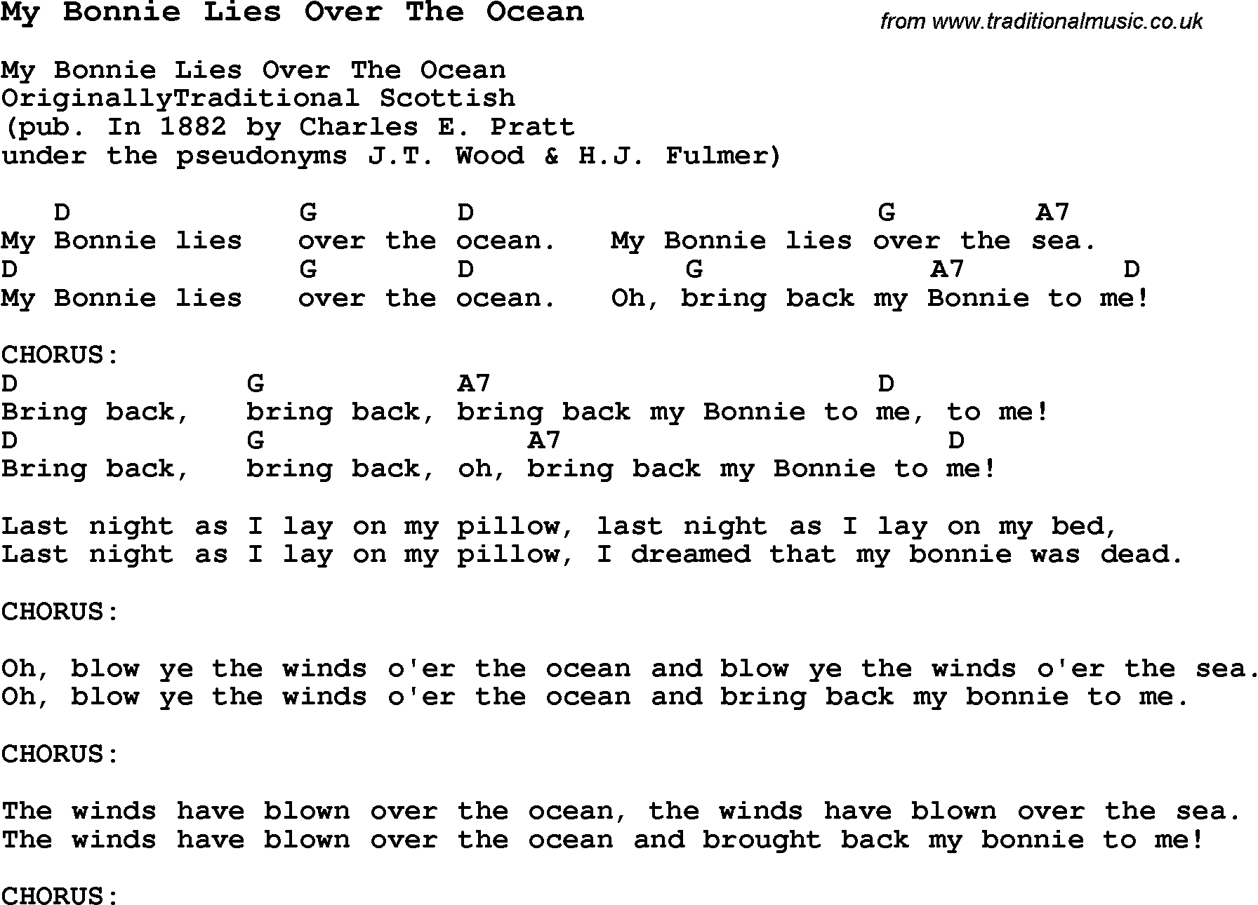 Traditional Song My Bonnie Lies Over The Ocean with Chords, Tabs and Lyrics