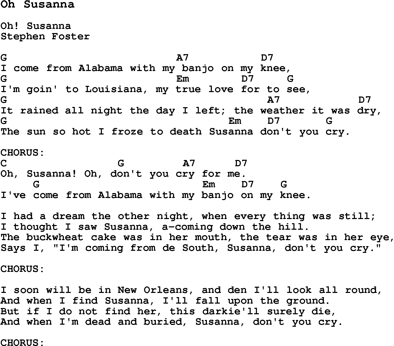 Traditional Song Oh Susanna with Chords, Tabs and Lyrics