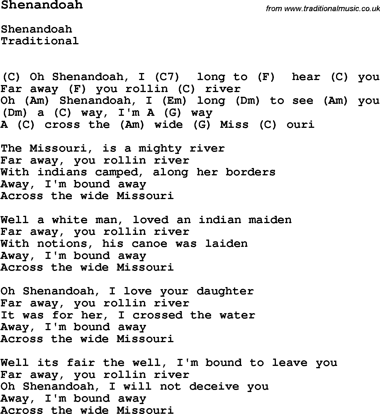 Traditional Song Shenandoah with Chords, Tabs and Lyrics